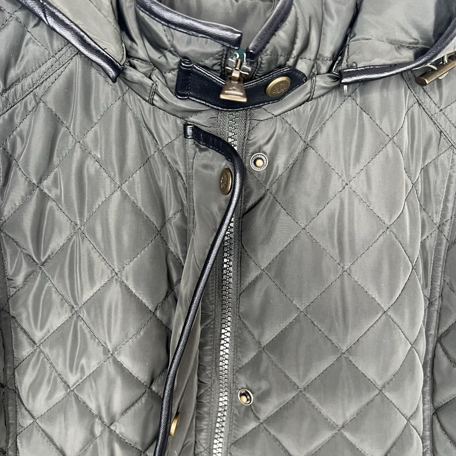 Lauren Ralph Lauren quilted hooded coat size M dark moss full zip Snap Logo
