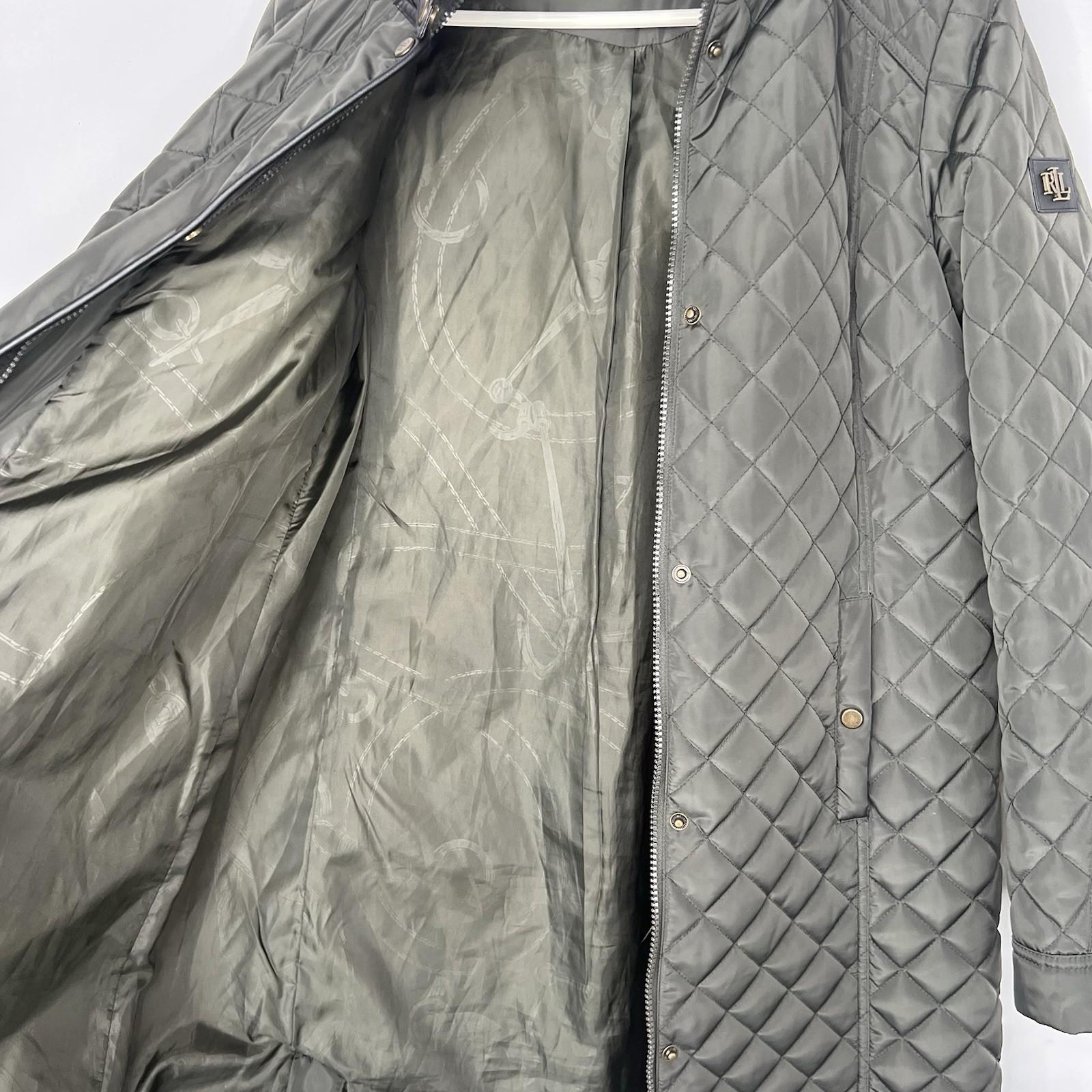 Lauren Ralph Lauren quilted hooded coat size M dark moss full zip Snap Logo