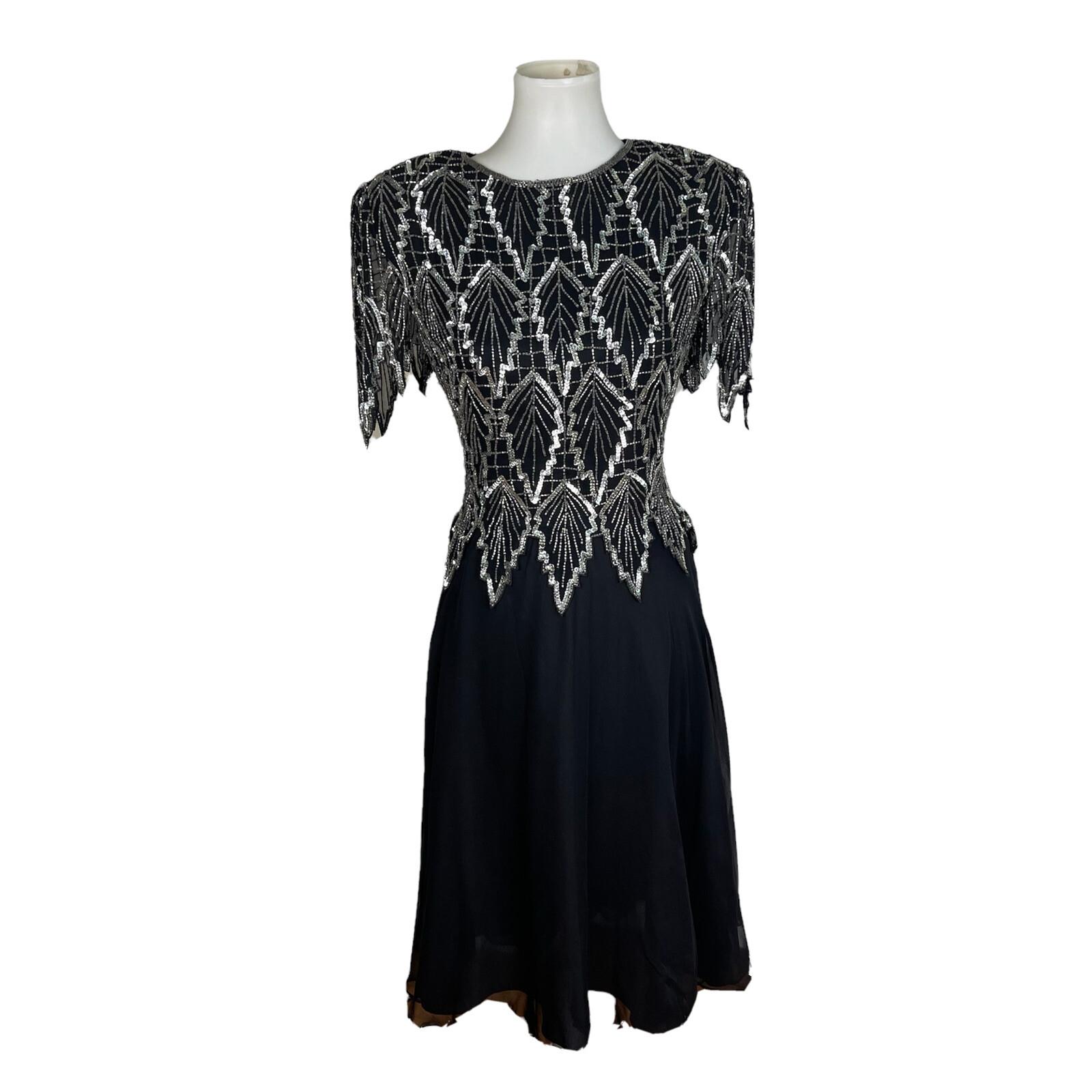 LAURENCE KAZAR NY Women Black Silk Beaded Fit and Flared Lined Dress Size PM