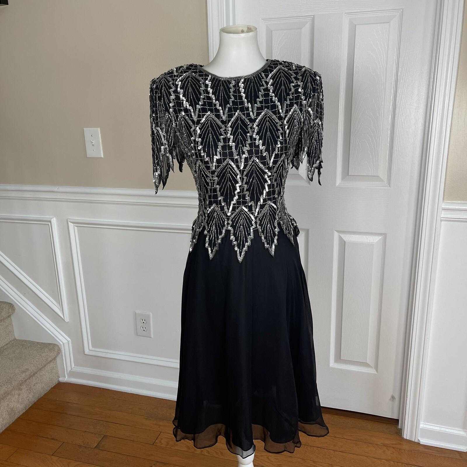 LAURENCE KAZAR NY Women Black Silk Beaded Fit and Flared Lined Dress Size PM