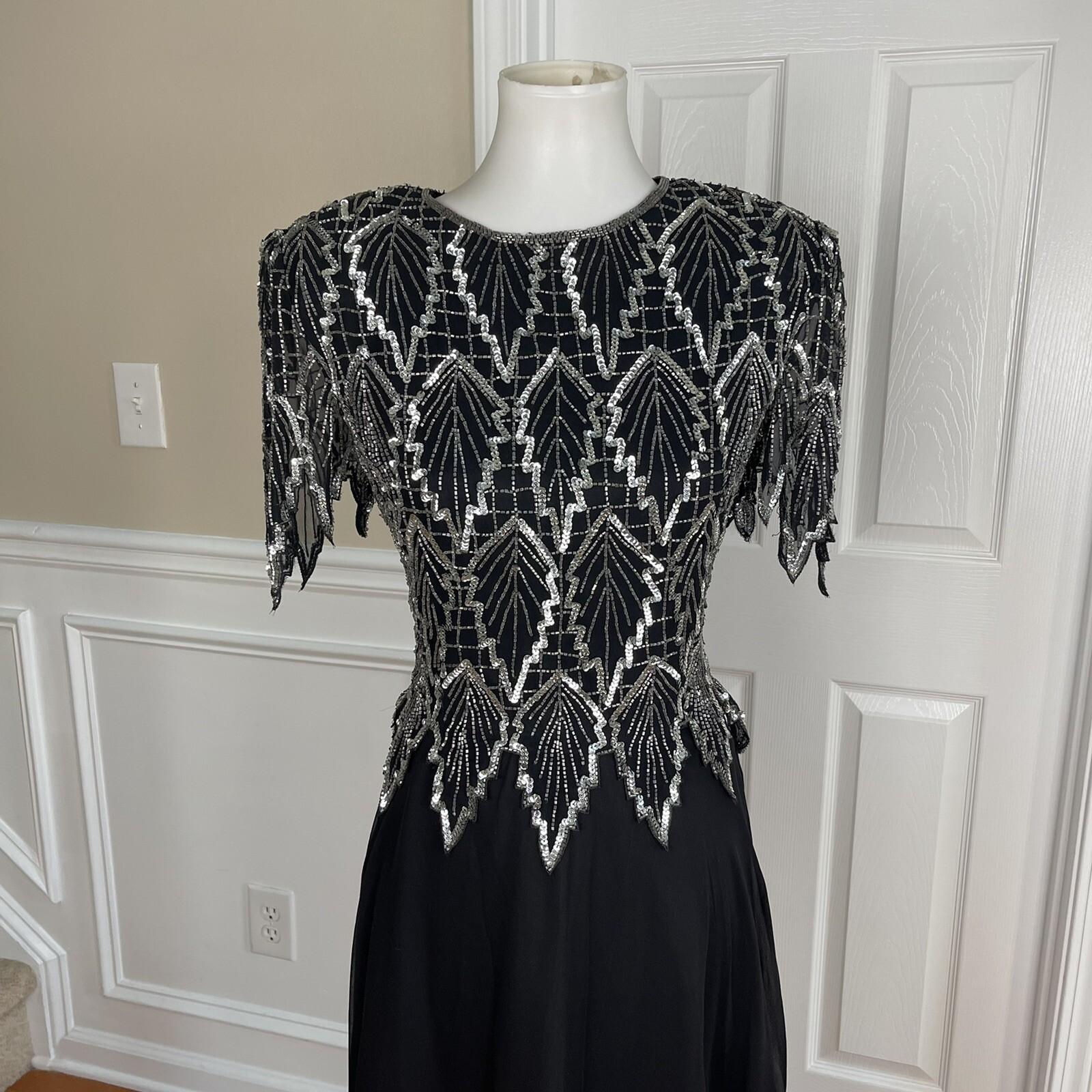 LAURENCE KAZAR NY Women Black Silk Beaded Fit and Flared Lined Dress Size PM