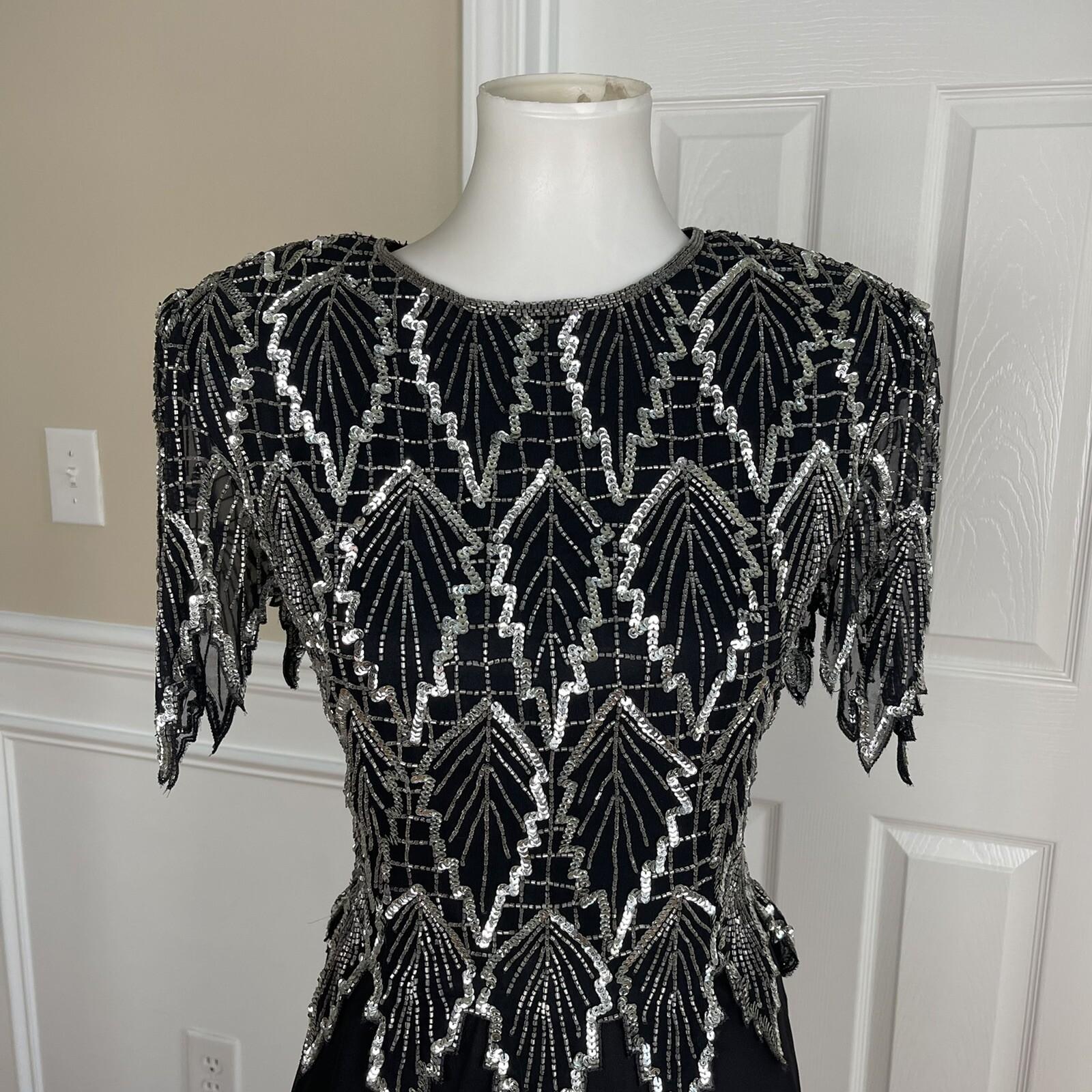 LAURENCE KAZAR NY Women Black Silk Beaded Fit and Flared Lined Dress Size PM