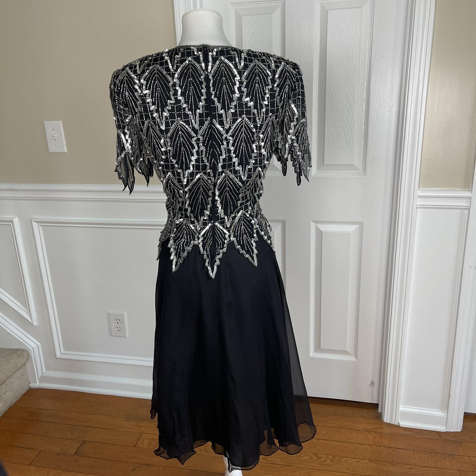 LAURENCE KAZAR NY Women Black Silk Beaded Fit and Flared Lined Dress Size PM