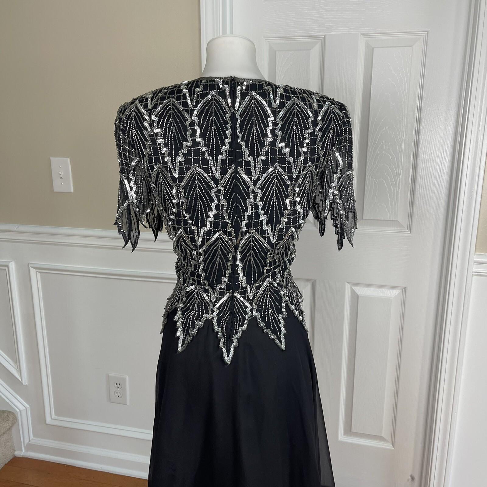 LAURENCE KAZAR NY Women Black Silk Beaded Fit and Flared Lined Dress Size PM