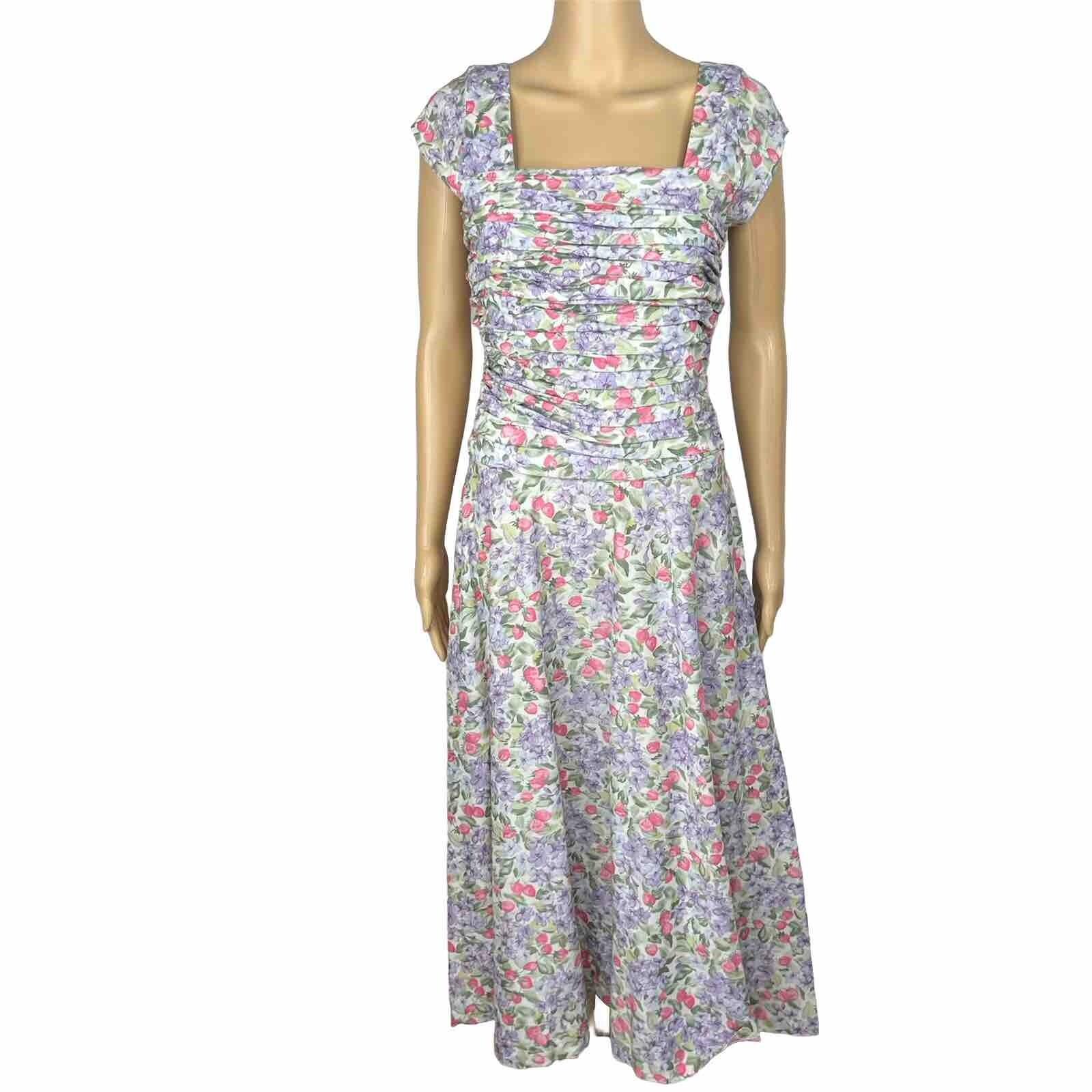 Elleen West Vtg Cotton Stretch Dress 8 Floral Pleated Flare Cap Sleeve Prairie