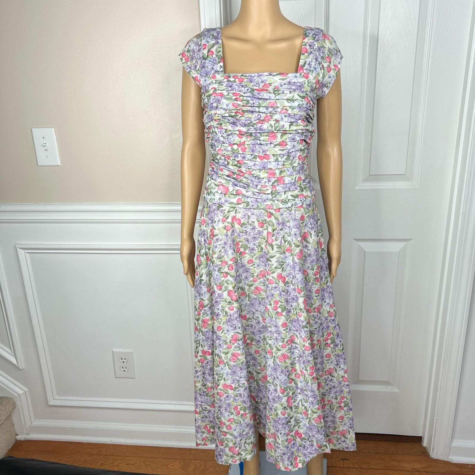 Elleen West Vtg Cotton Stretch Dress 8 Floral Pleated Flare Cap Sleeve Prairie