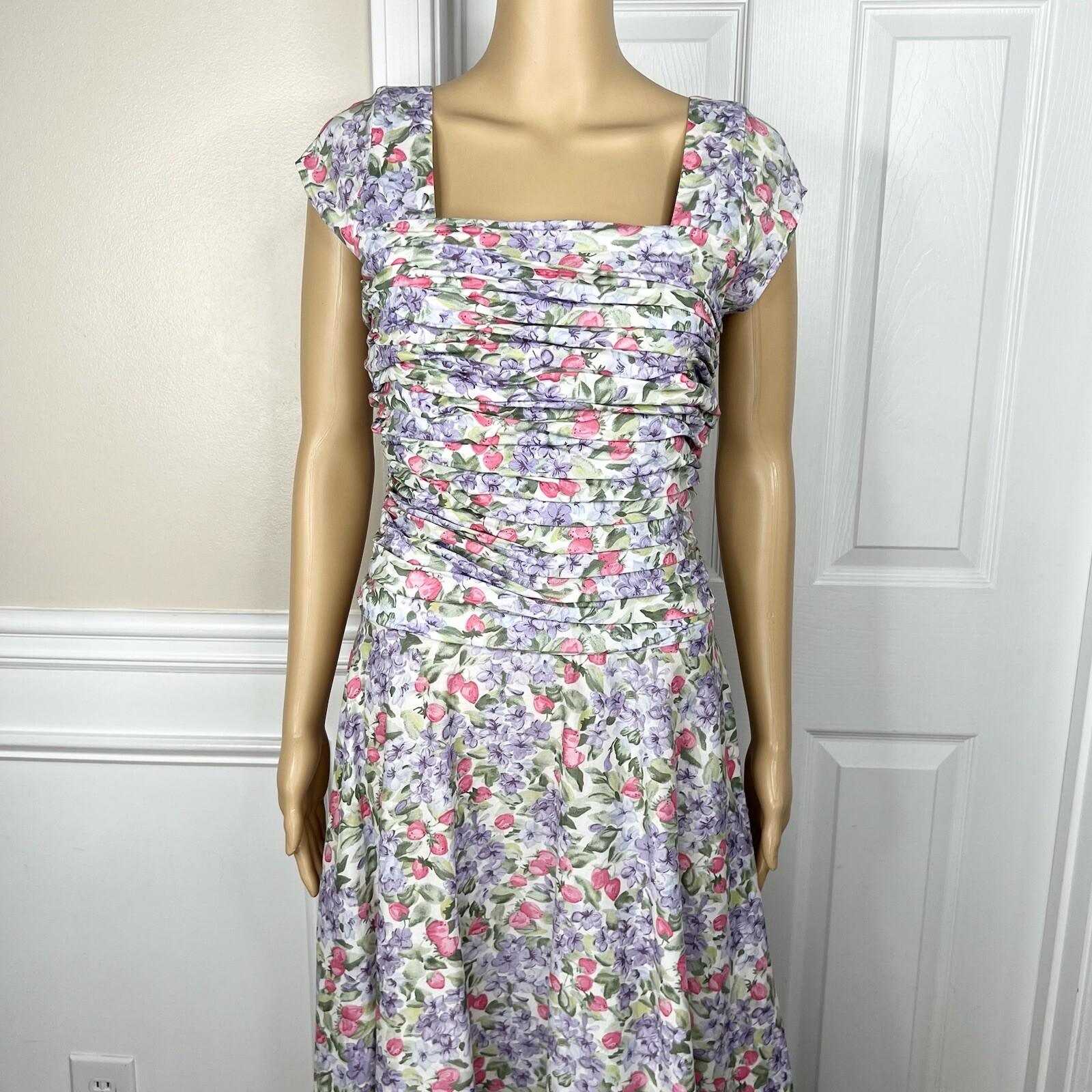 Elleen West Vtg Cotton Stretch Dress 8 Floral Pleated Flare Cap Sleeve Prairie