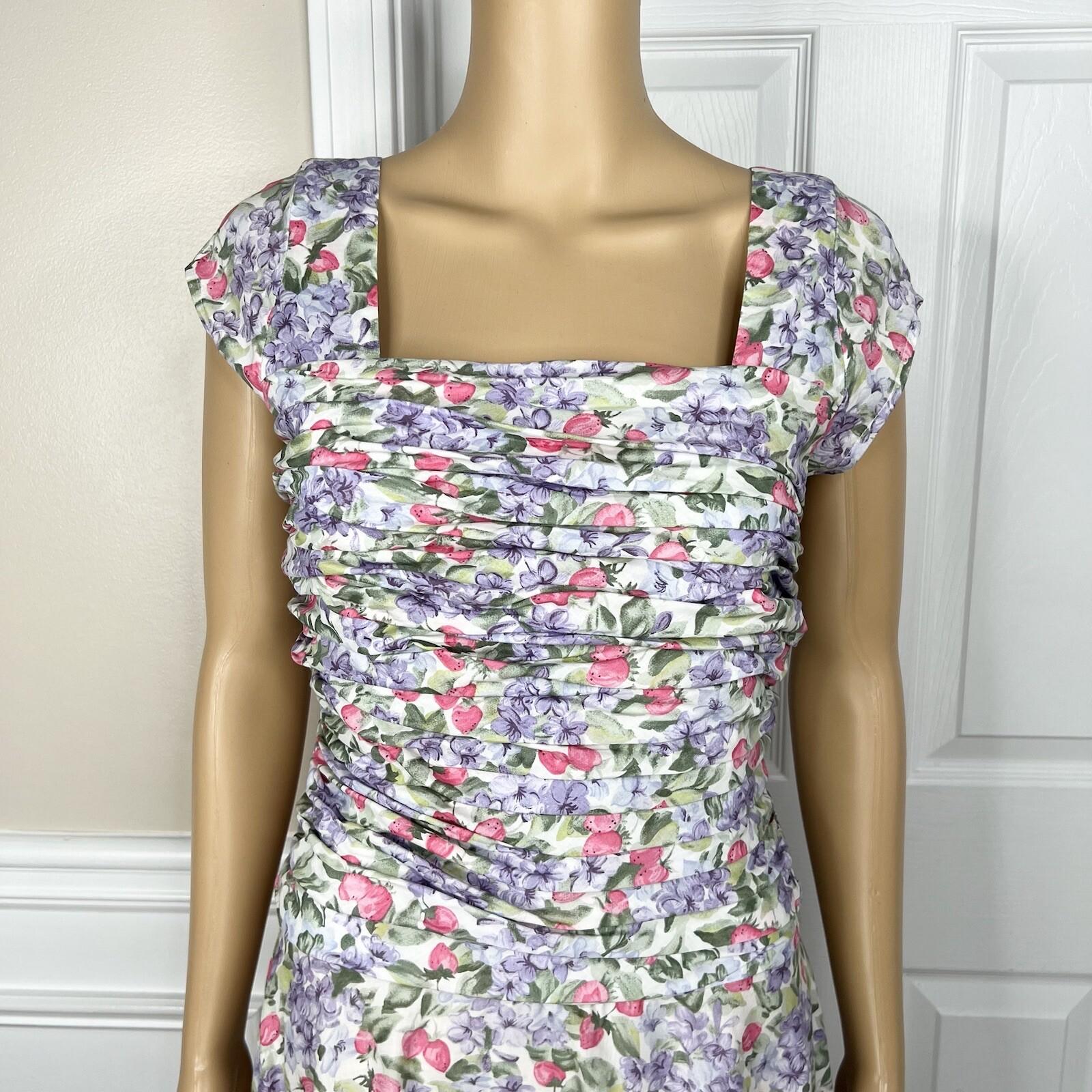 Elleen West Vtg Cotton Stretch Dress 8 Floral Pleated Flare Cap Sleeve Prairie