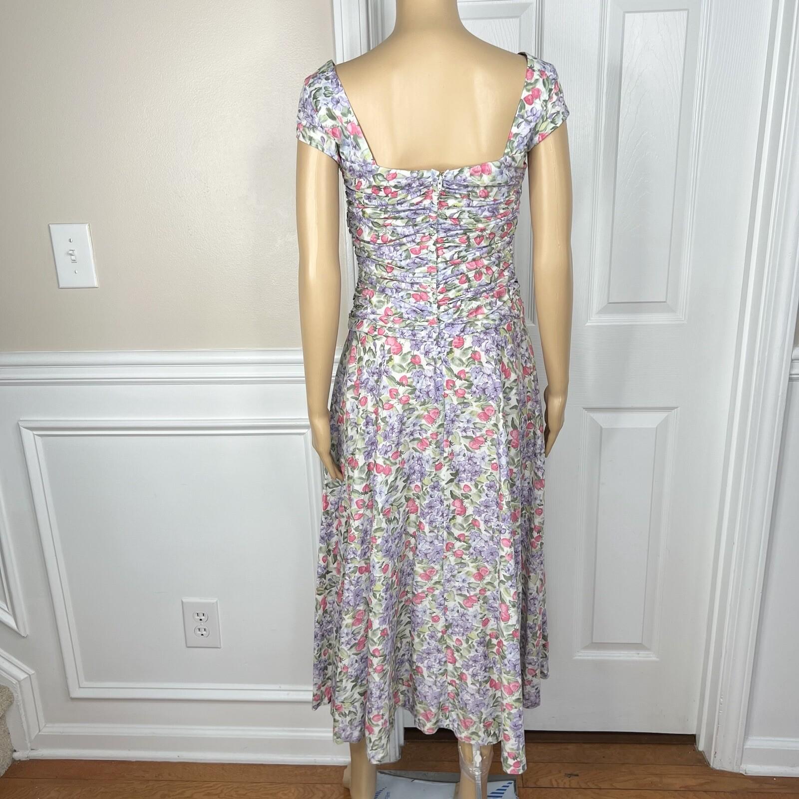 Elleen West Vtg Cotton Stretch Dress 8 Floral Pleated Flare Cap Sleeve Prairie