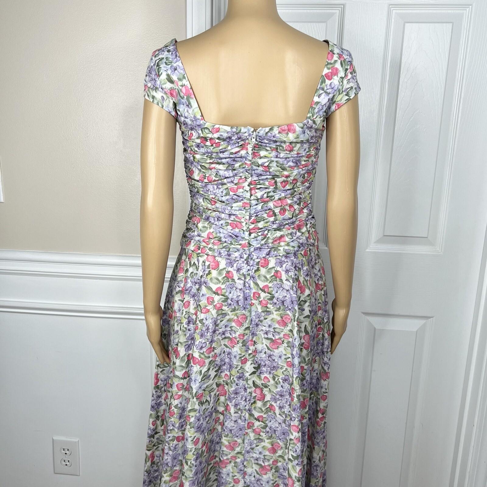 Elleen West Vtg Cotton Stretch Dress 8 Floral Pleated Flare Cap Sleeve Prairie