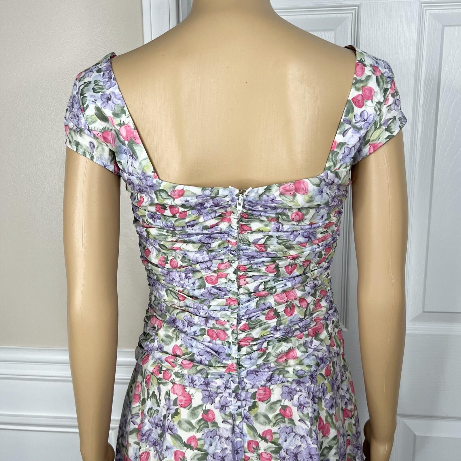 Elleen West Vtg Cotton Stretch Dress 8 Floral Pleated Flare Cap Sleeve Prairie
