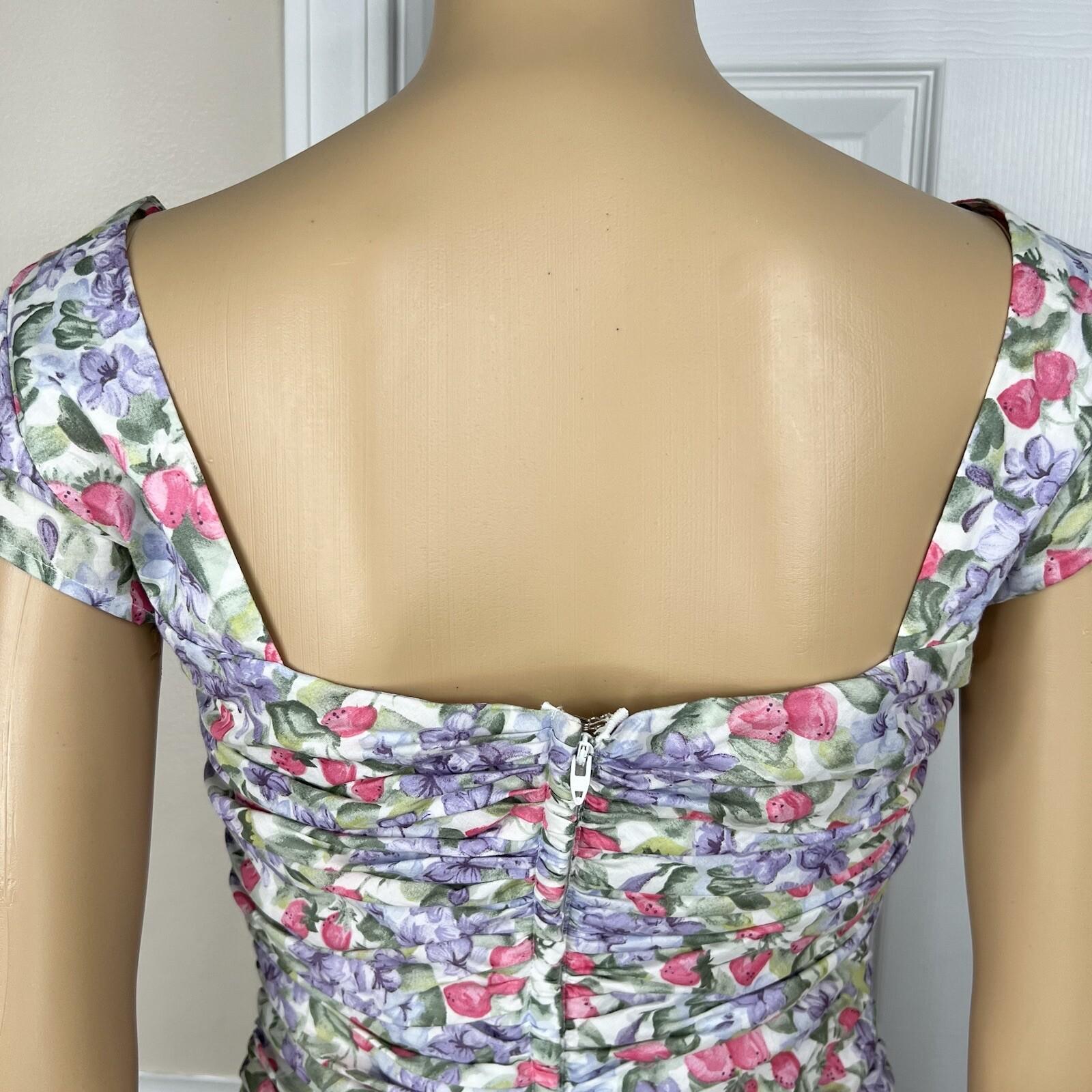 Elleen West Vtg Cotton Stretch Dress 8 Floral Pleated Flare Cap Sleeve Prairie
