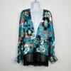 Misa Hylton For INC Beaded Fringe Kimono Blouse L Stylish Colorful Elastic Tie