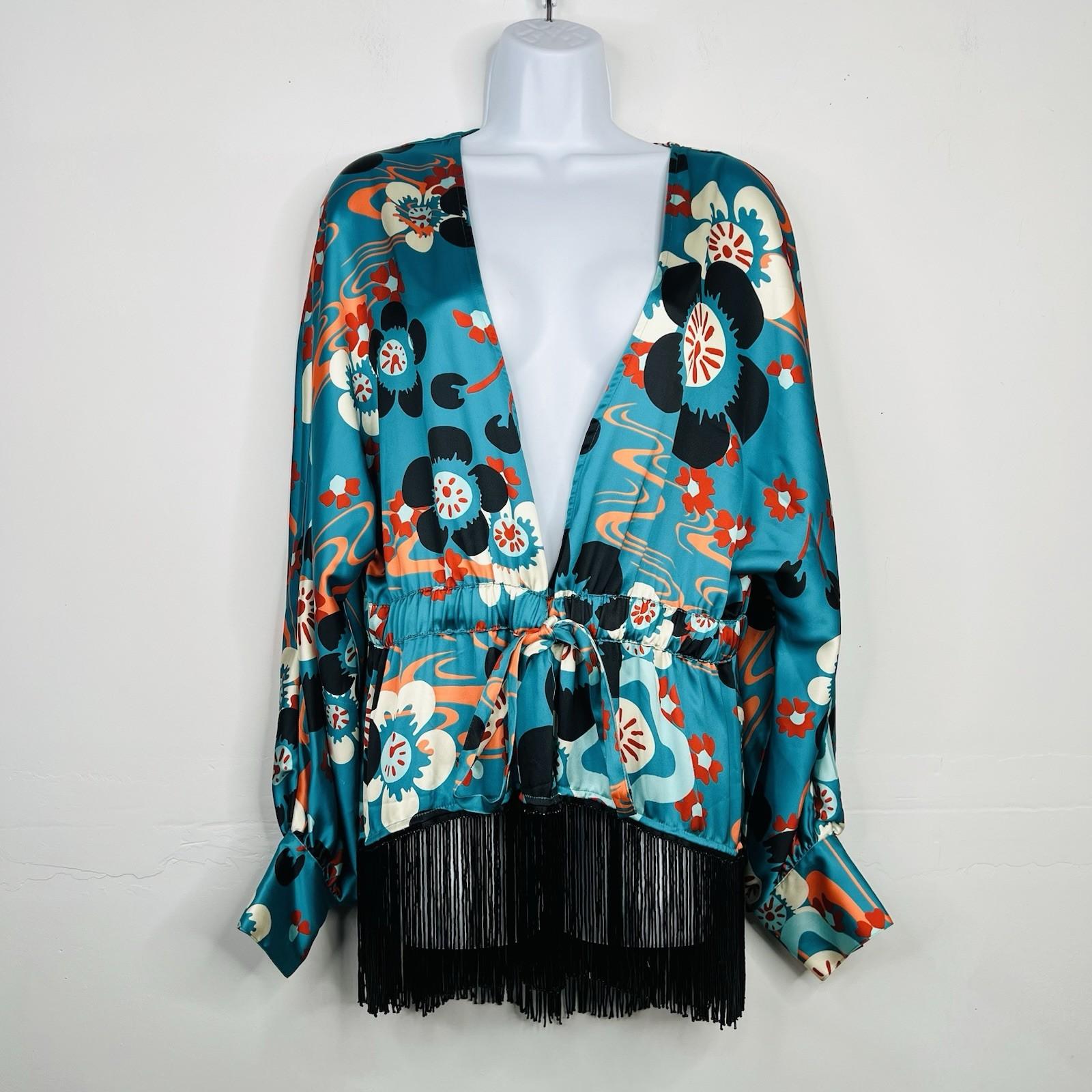 Misa Hylton For INC Beaded Fringe Kimono Blouse L Stylish Colorful Elastic Tie