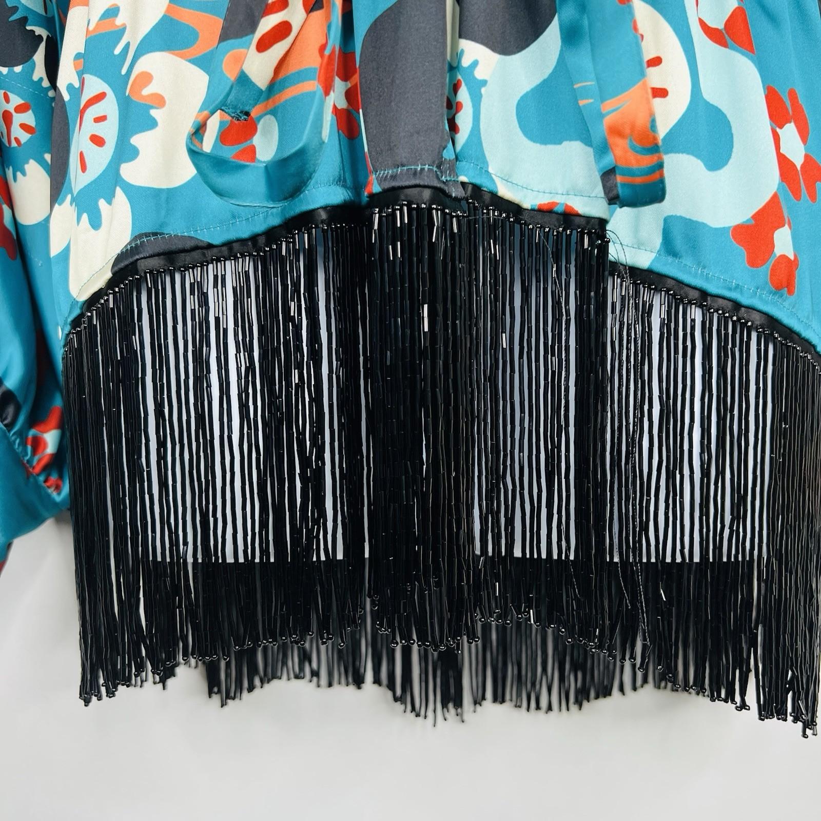 Misa Hylton For INC Beaded Fringe Kimono Blouse L Stylish Colorful Elastic Tie