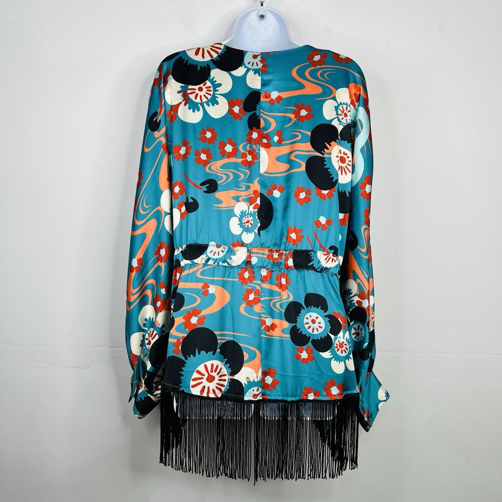 Misa Hylton For INC Beaded Fringe Kimono Blouse L Stylish Colorful Elastic Tie
