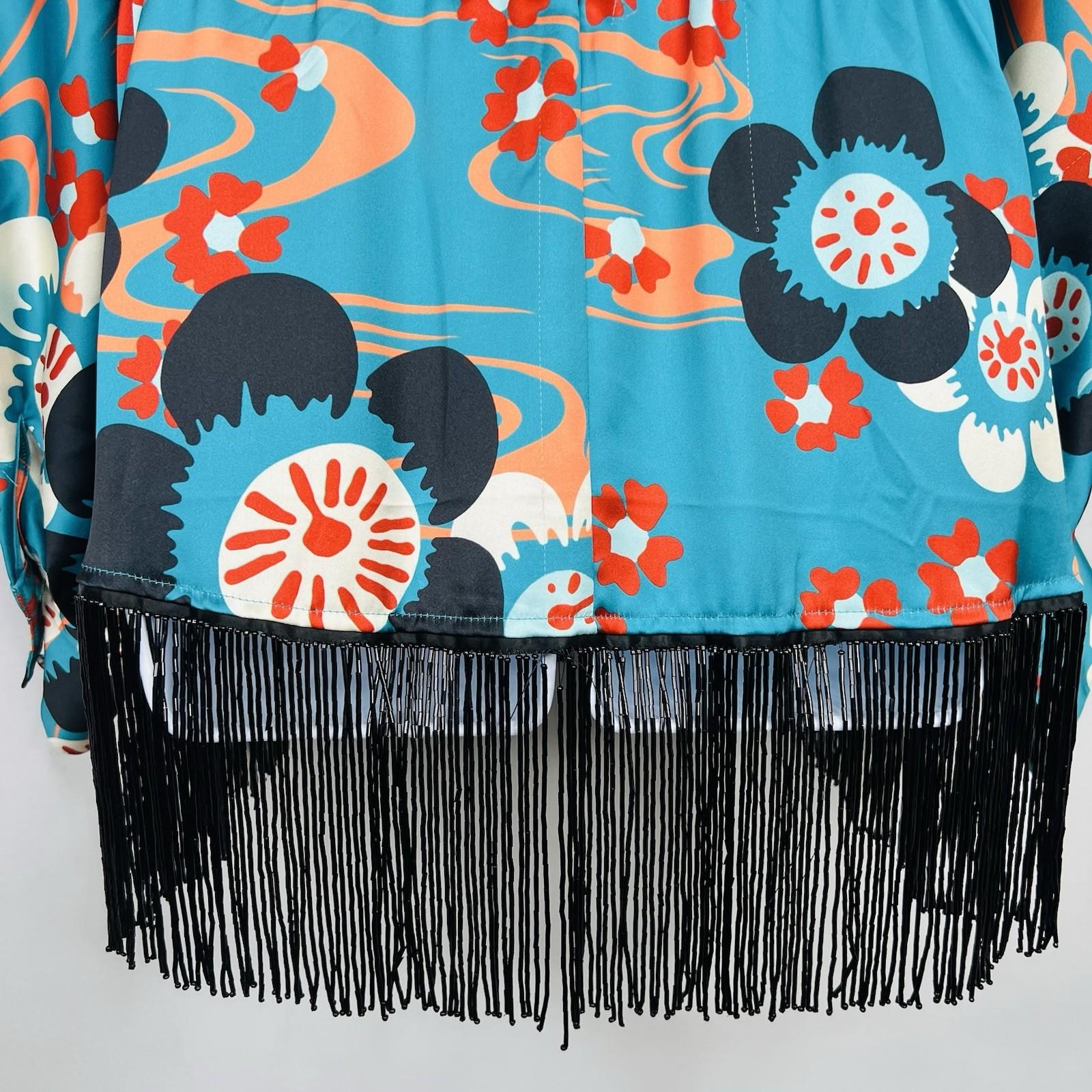 Misa Hylton For INC Beaded Fringe Kimono Blouse L Stylish Colorful Elastic Tie