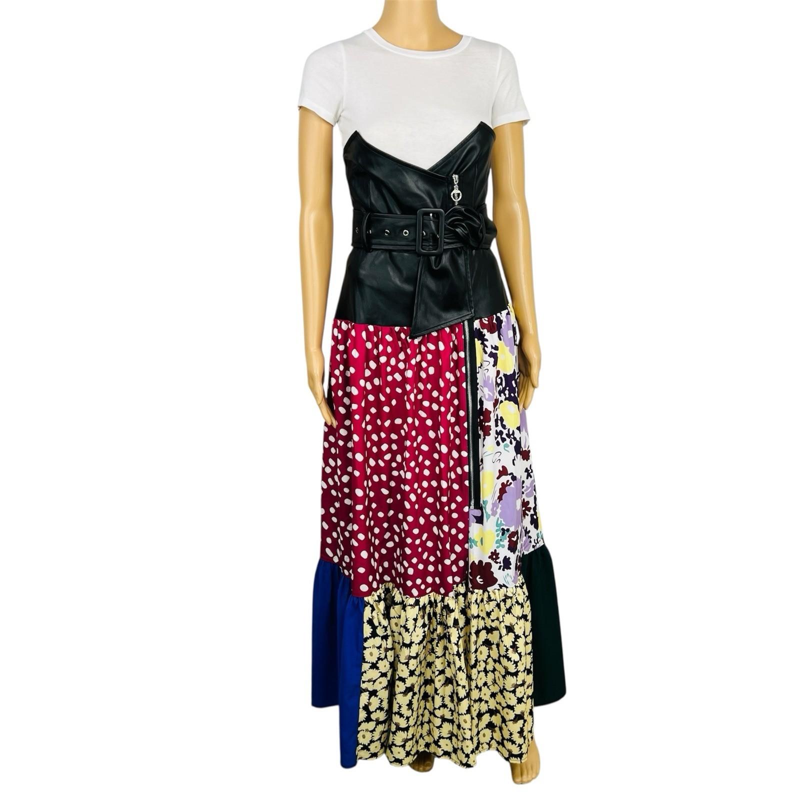 Tov Los Angeles Cotton Faux Leather Dress 42 Patchwork Floral Maxi Zip Up Ruffle