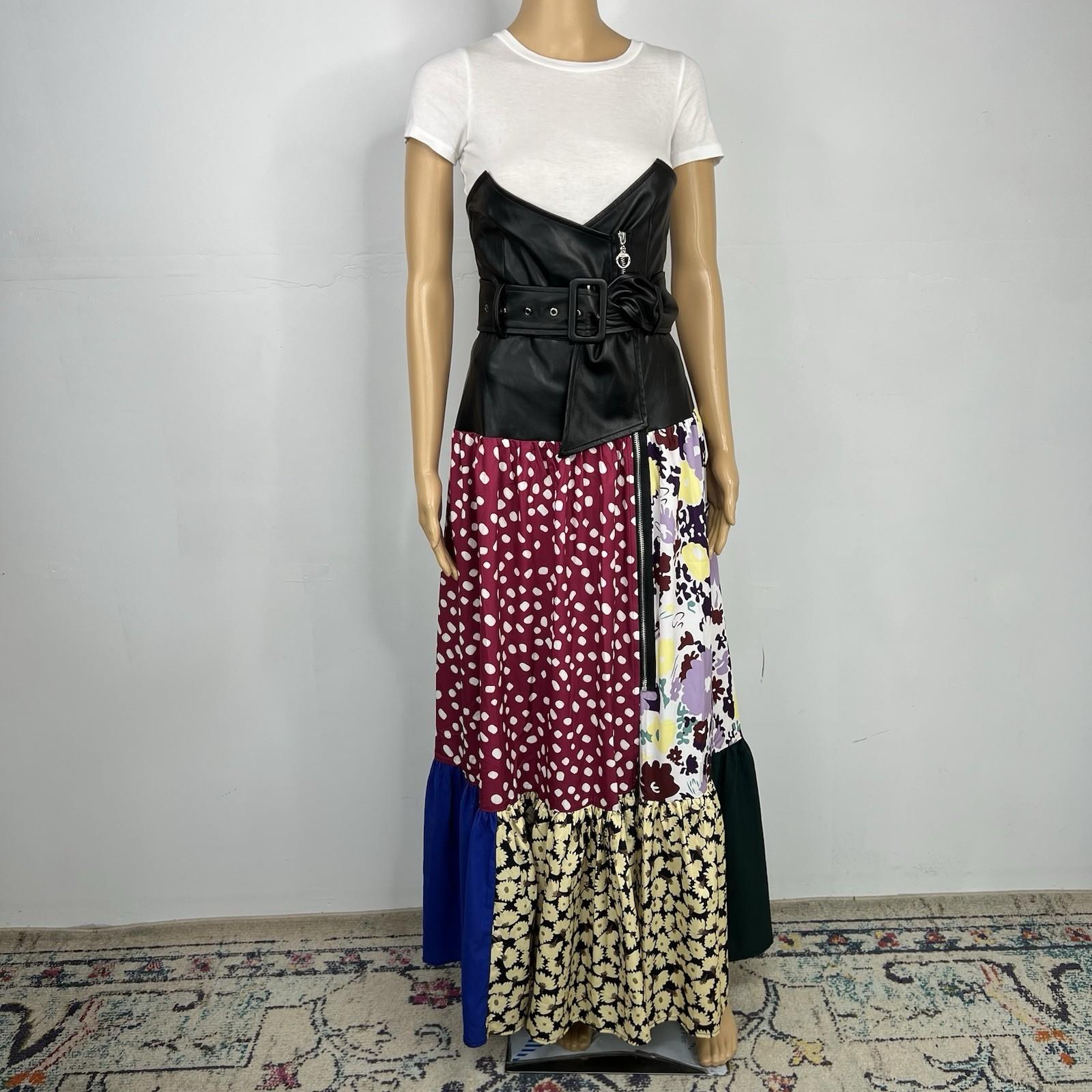 Tov Los Angeles Cotton Faux Leather Dress 42 Patchwork Floral Maxi Zip Up Ruffle