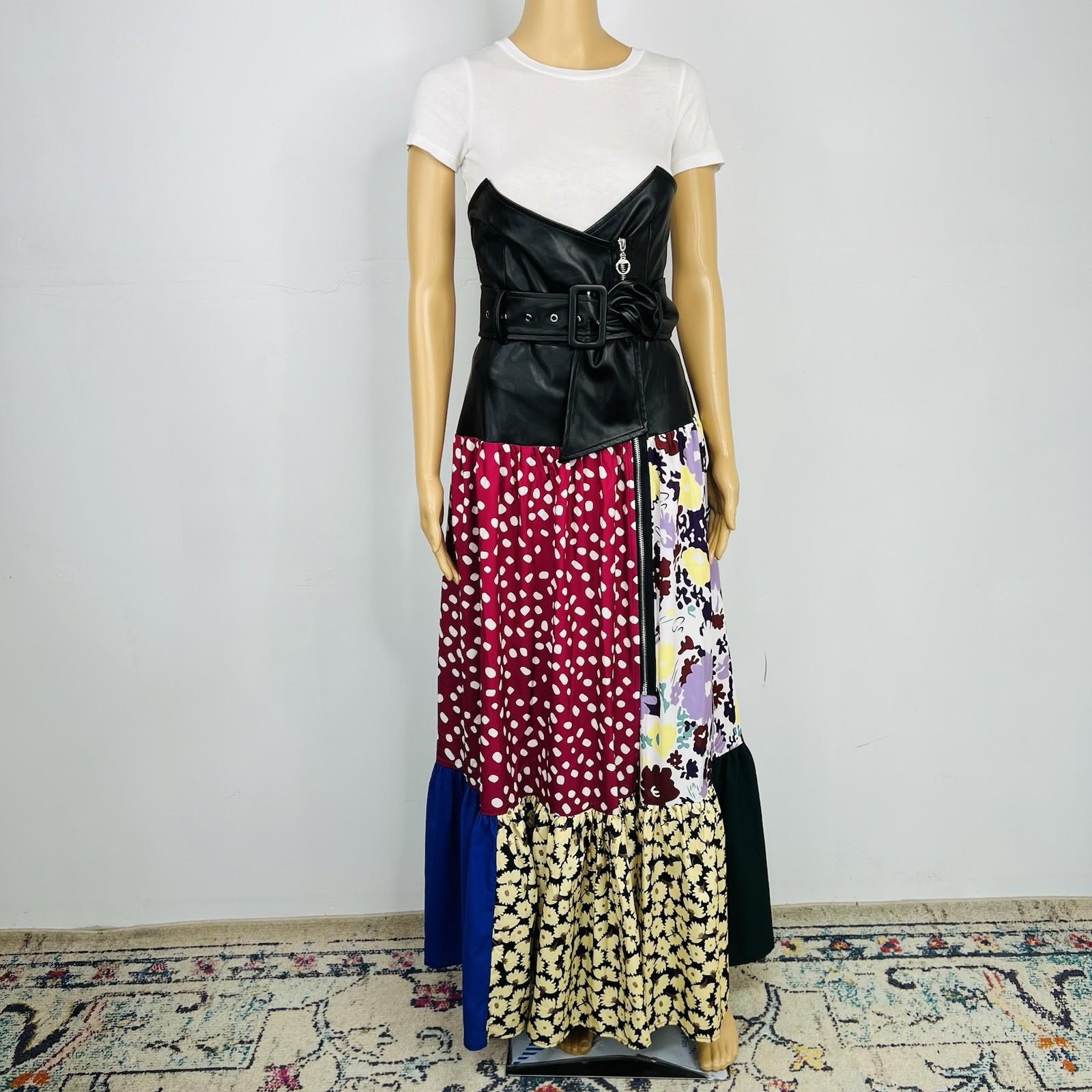 Tov Los Angeles Cotton Faux Leather Dress 42 Patchwork Floral Maxi Zip Up Ruffle