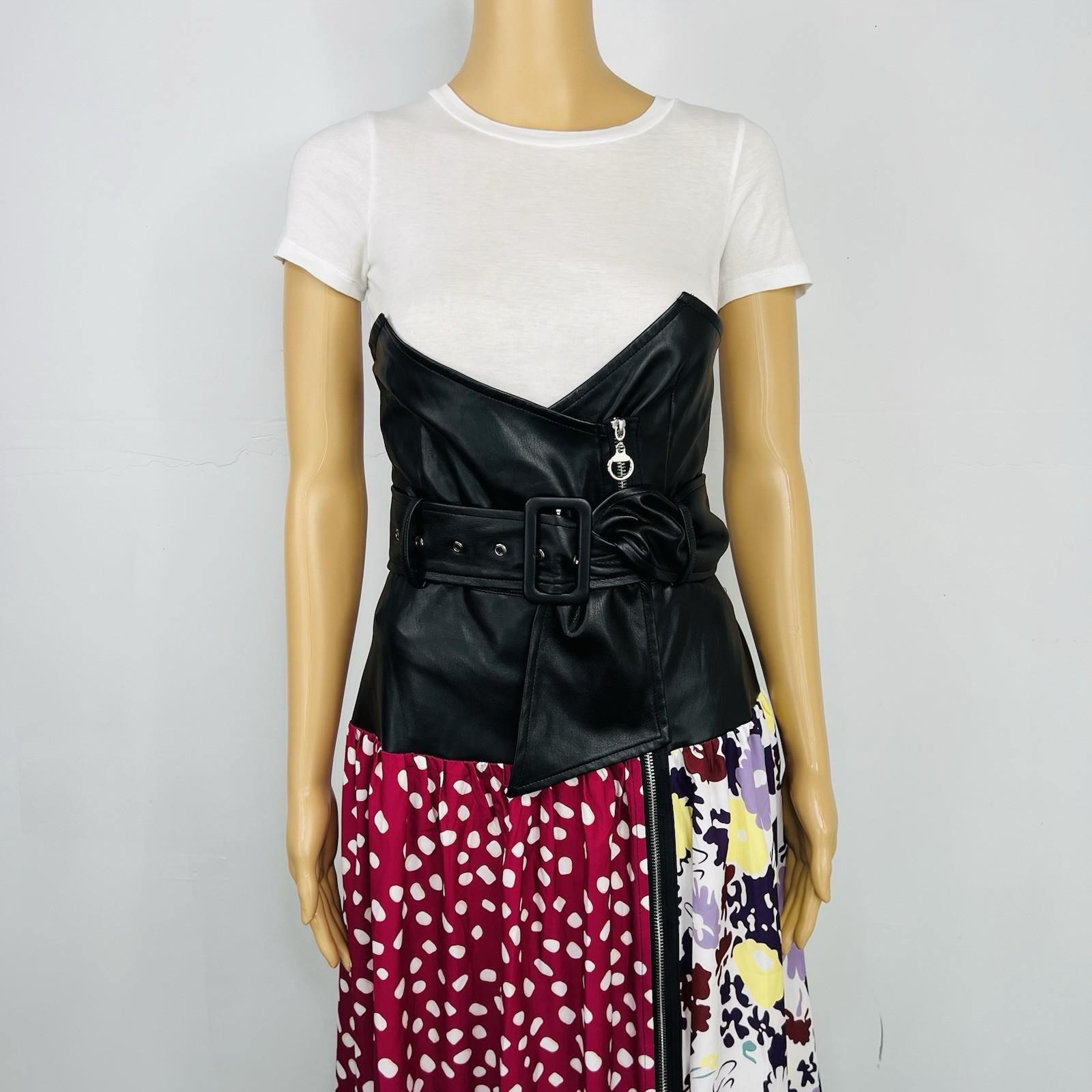 Tov Los Angeles Cotton Faux Leather Dress 42 Patchwork Floral Maxi Zip Up Ruffle