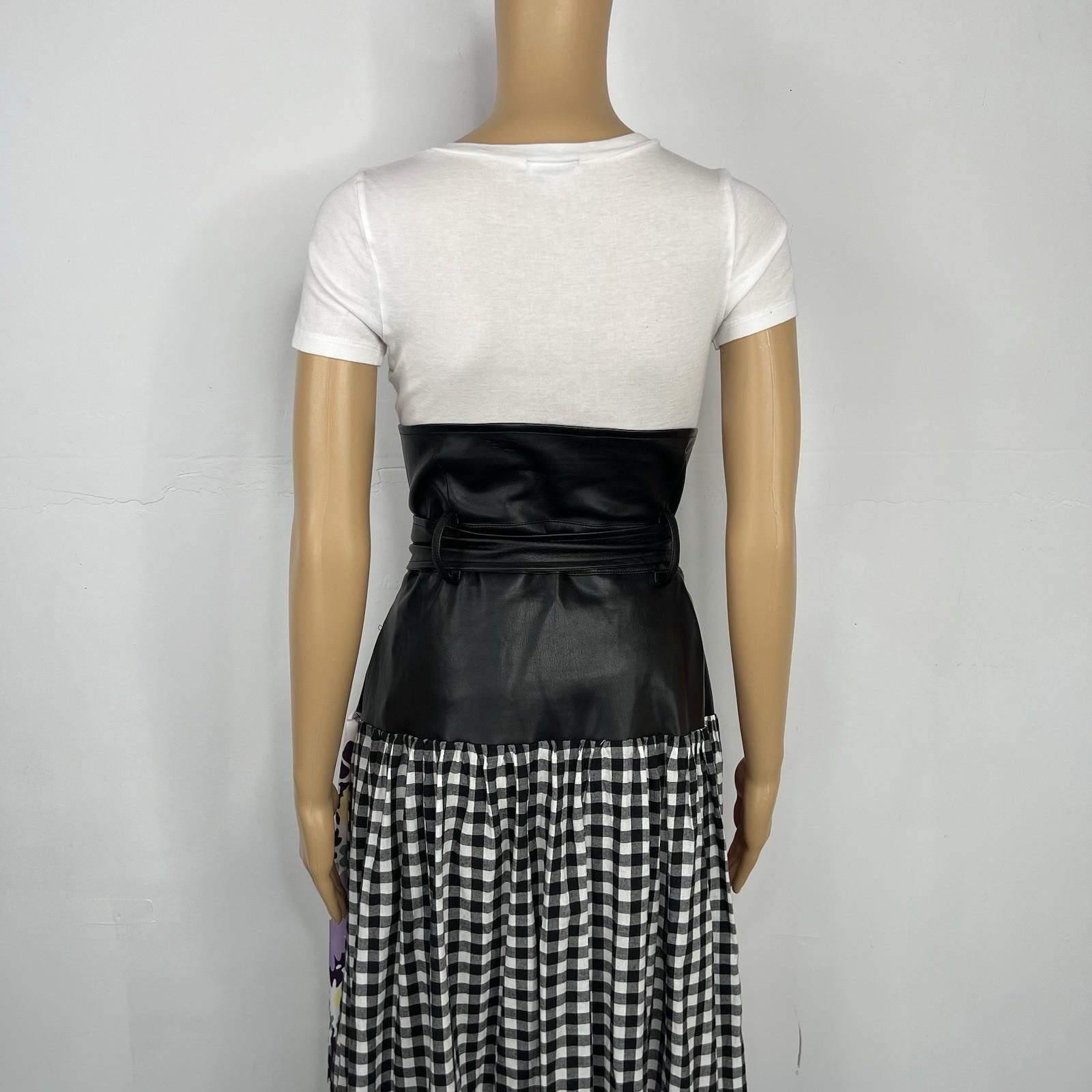 Tov Los Angeles Cotton Faux Leather Dress 42 Patchwork Floral Maxi Zip Up Ruffle