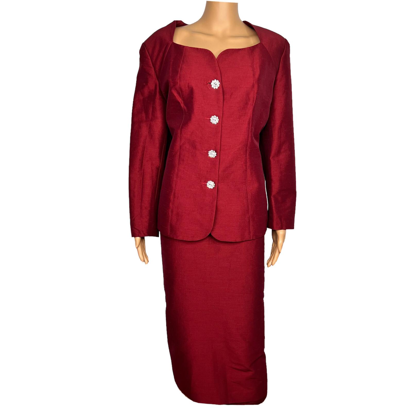 New GIOVANNA SIGNATURE 2PC Deep Red Polyester Nylon Stretch Skirt Suit Size 14