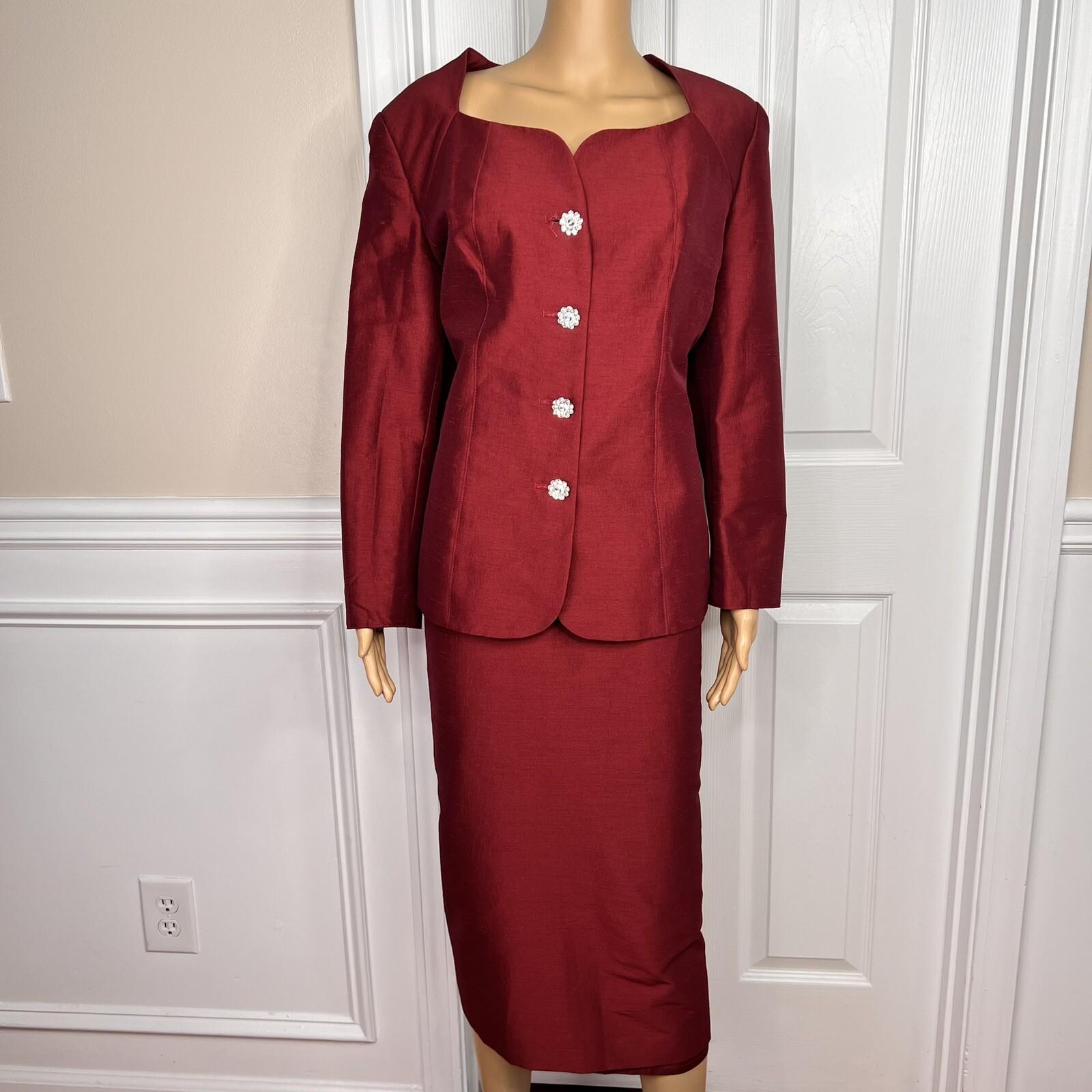 New GIOVANNA SIGNATURE 2PC Deep Red Polyester Nylon Stretch Skirt Suit Size 14