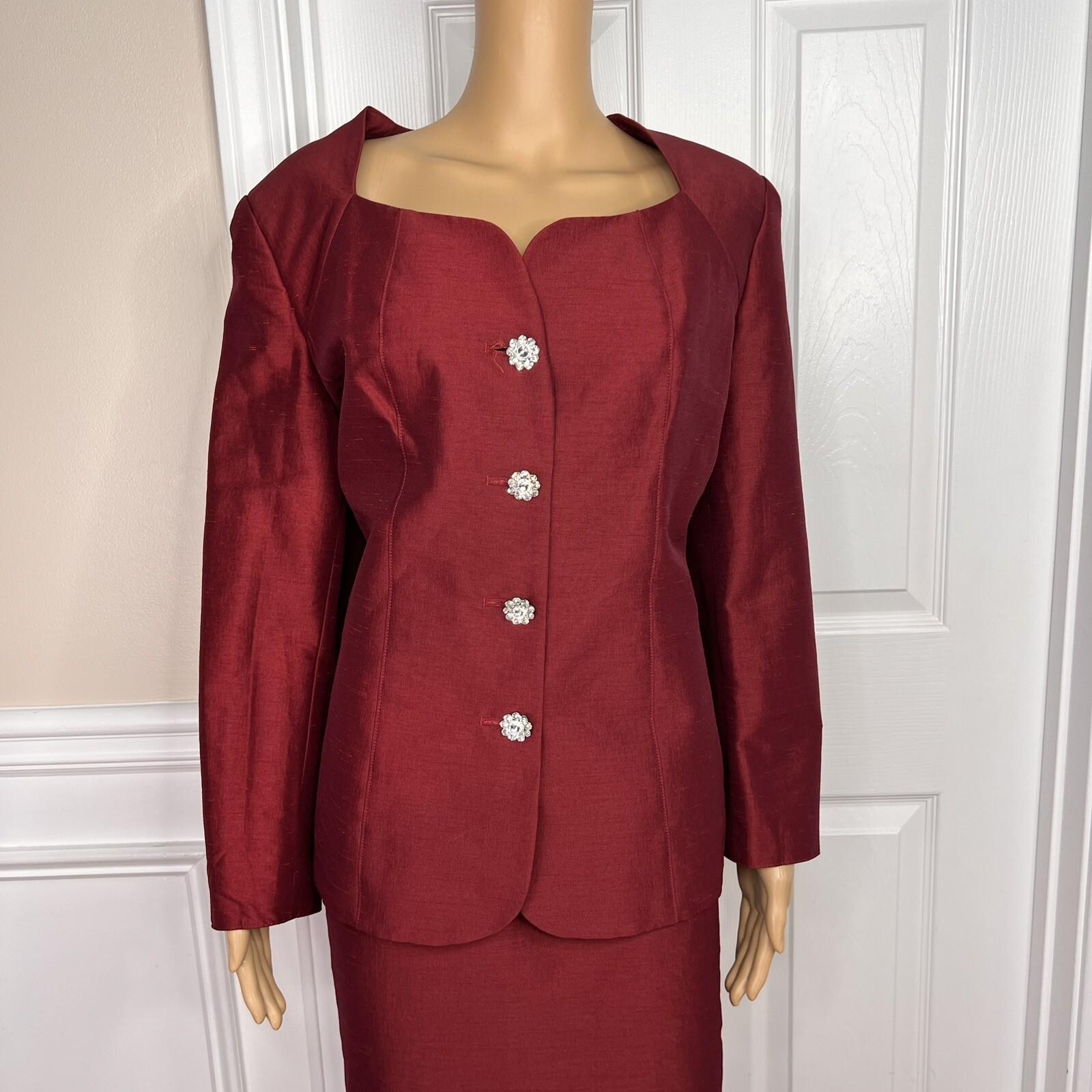 New GIOVANNA SIGNATURE 2PC Deep Red Polyester Nylon Stretch Skirt Suit Size 14