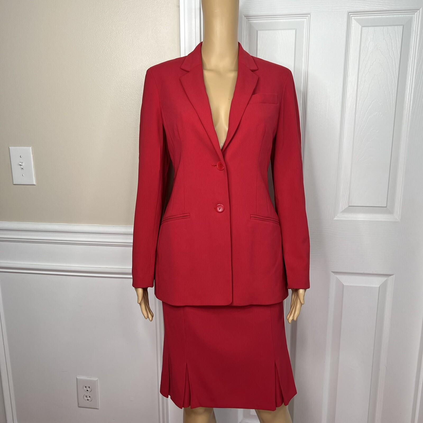 JONES NEW YORK 2PC Fire Red Polyester Lined Pleated Skirt (SZ 6) Suit (SZ 4)