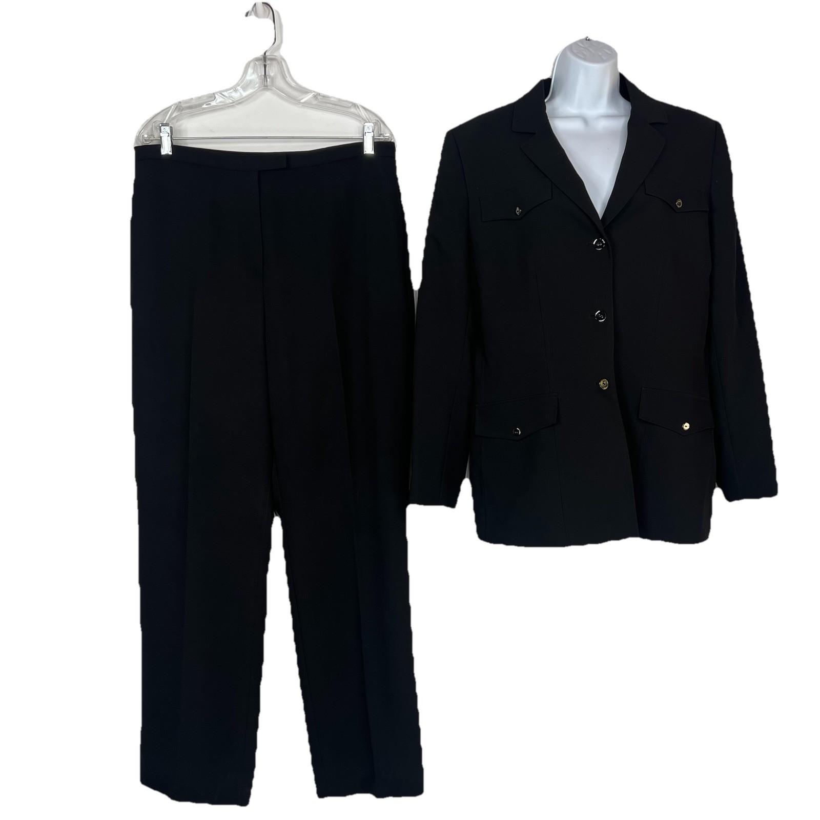 Tahari Polyester Pant Suit Size 14 Black Lined Notch Collar Career Business 2PC