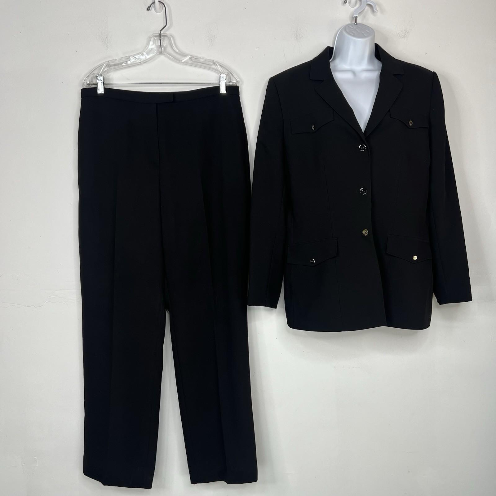 Tahari Polyester Pant Suit Size 14 Black Lined Notch Collar Career Business 2PC