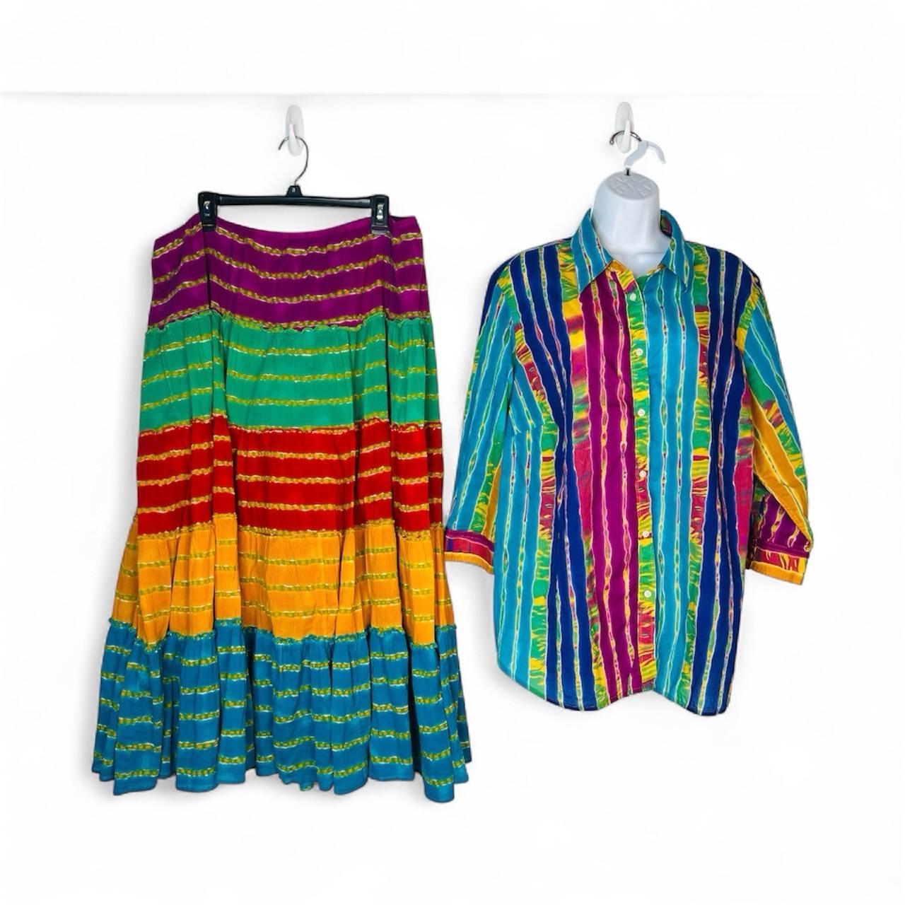 Vintage Ralph Lauren Boho Tiered Gypsy Hippie Cotton Maxi Skirt Set 2X Stretch