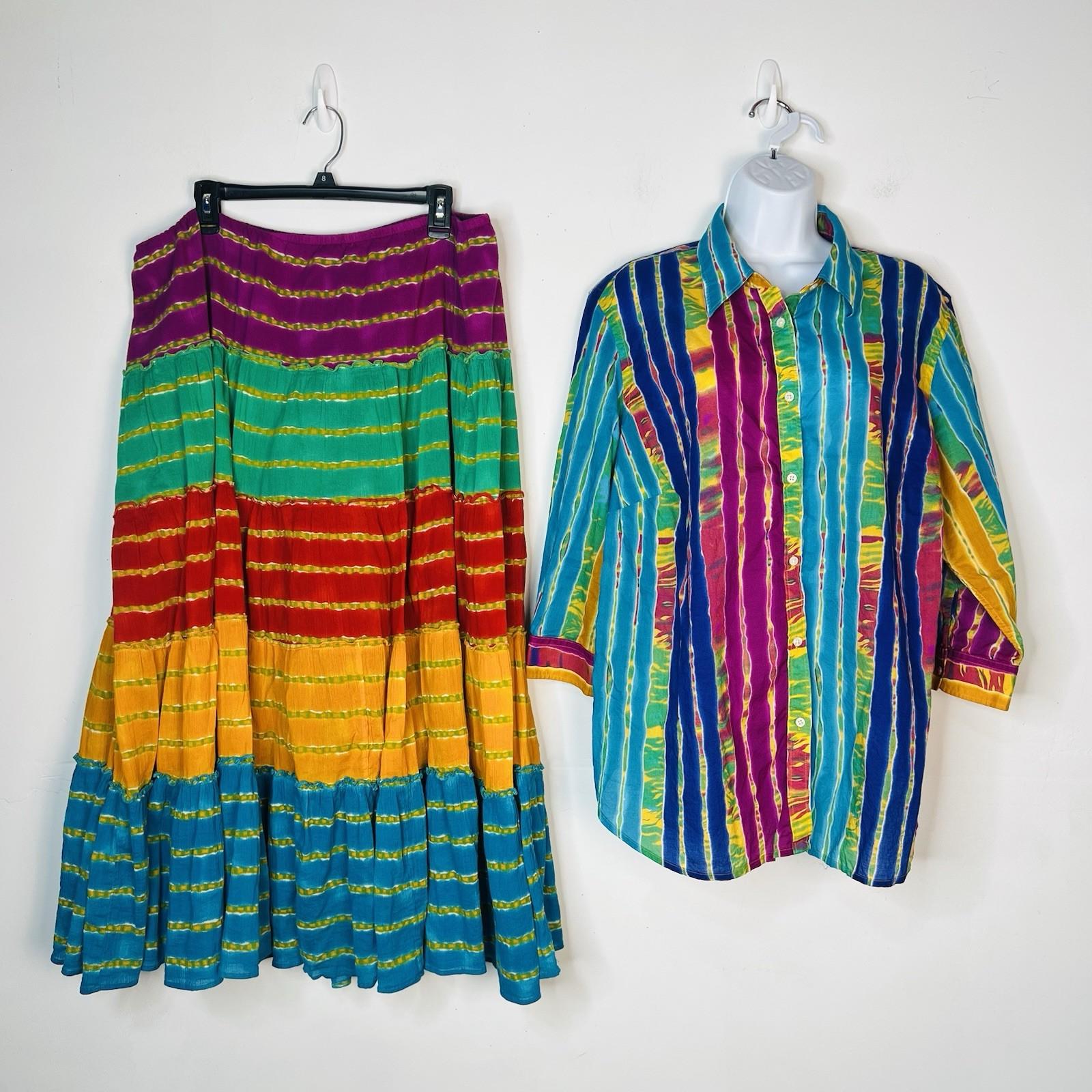 Vintage Ralph Lauren Boho Tiered Gypsy Hippie Cotton Maxi Skirt Set 2X Stretch