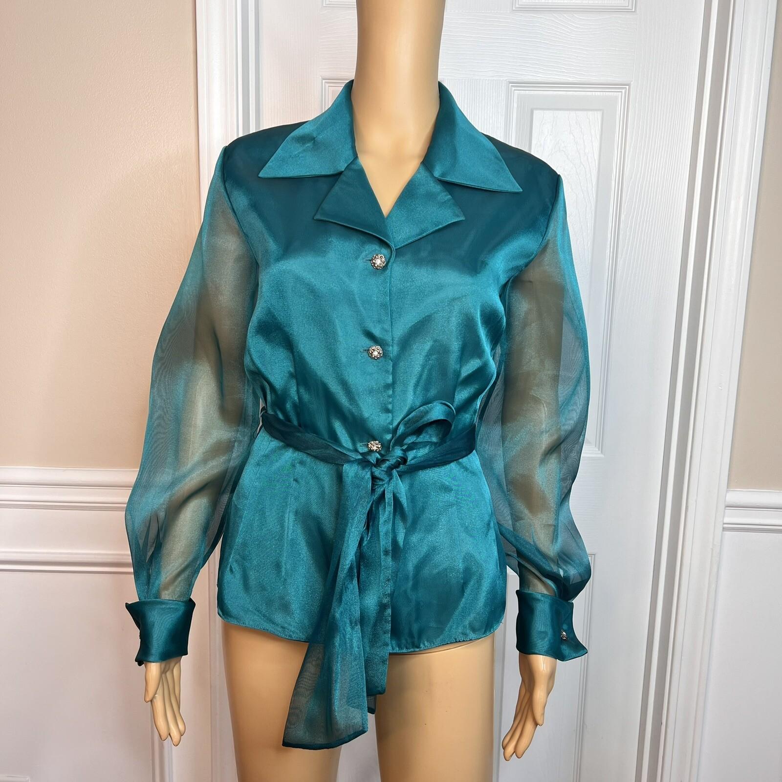 TALBOTS Women Green Silk Like Sheer Long Sleeves Button Down Blouse Size 6