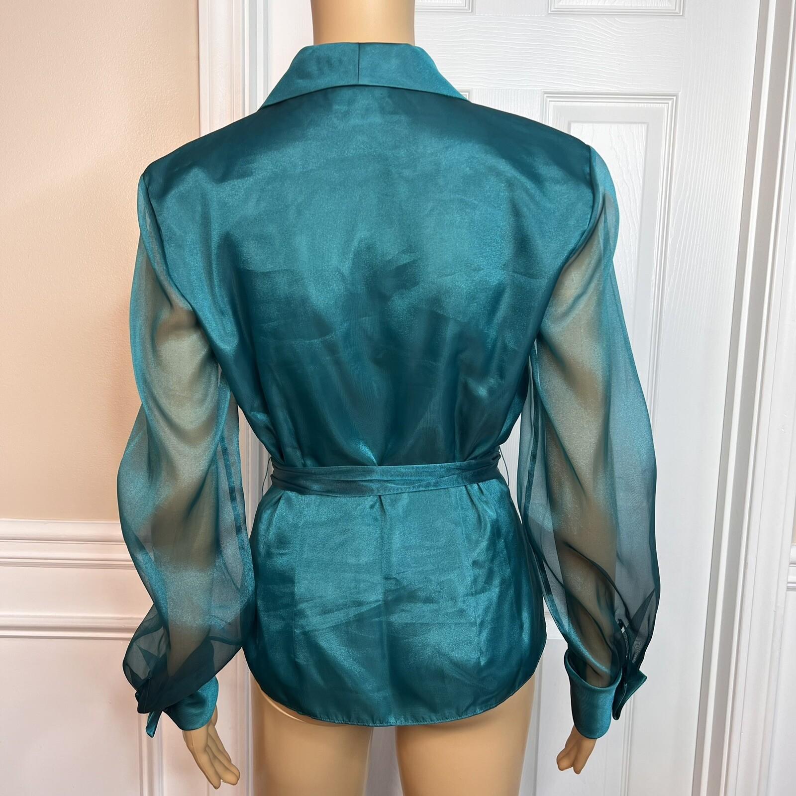 TALBOTS Women Green Silk Like Sheer Long Sleeves Button Down Blouse Size 6