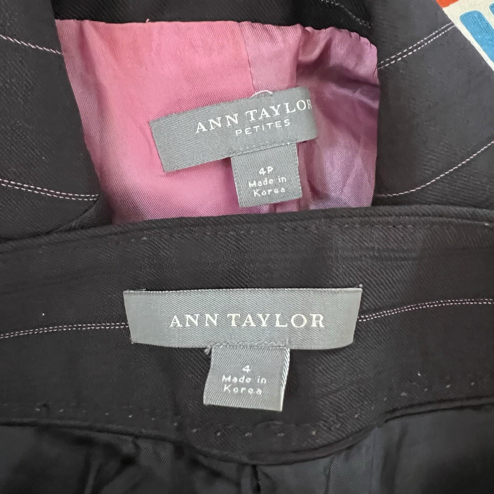 Ann Taylor Virgin Wool Pant 4 Suit 4P Dark Brown Striped Lined Business 2PC