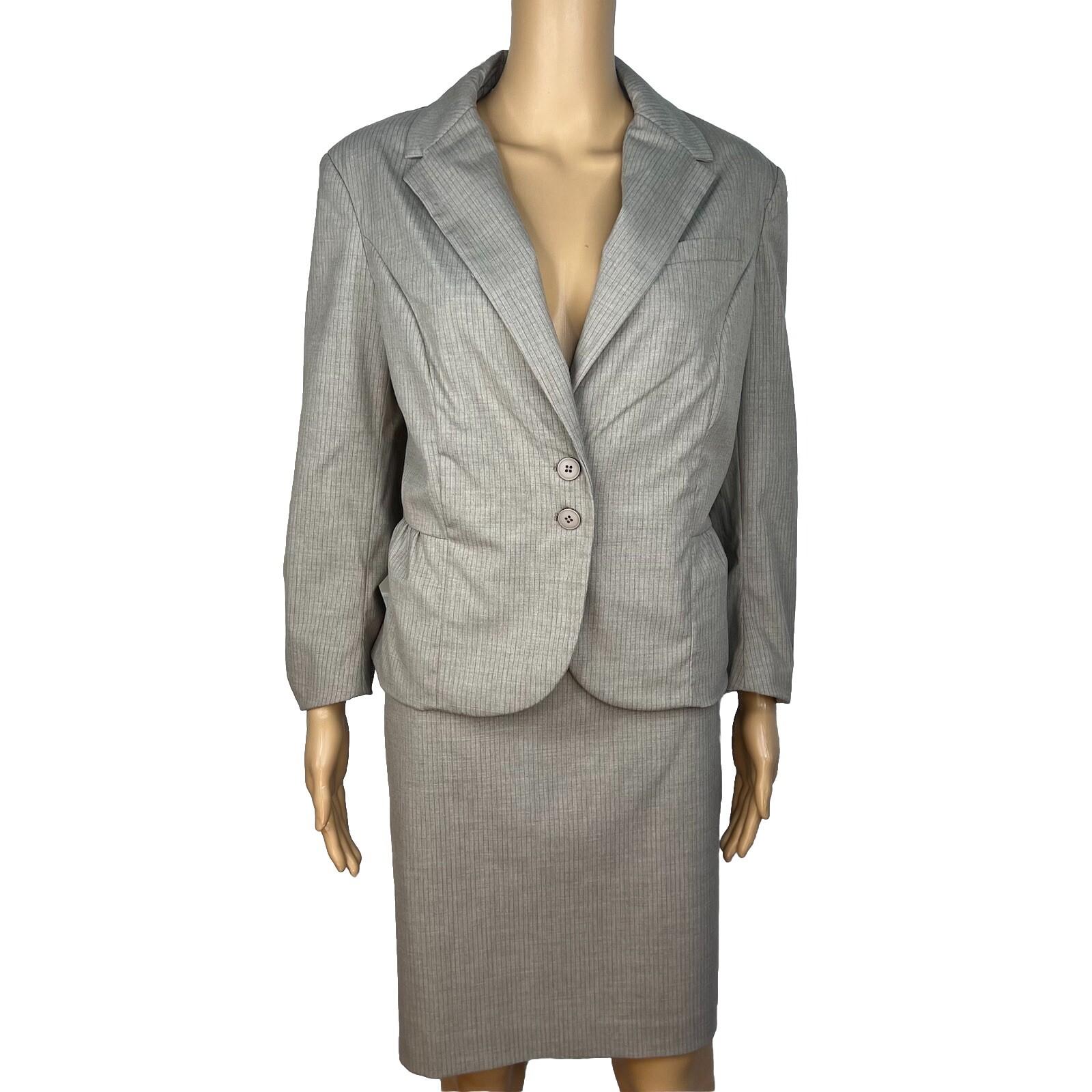 10-4936.jpg New York & Company Polyester Viscose Spandex Skirt 12 Suit 14 Sand Striped 2PC