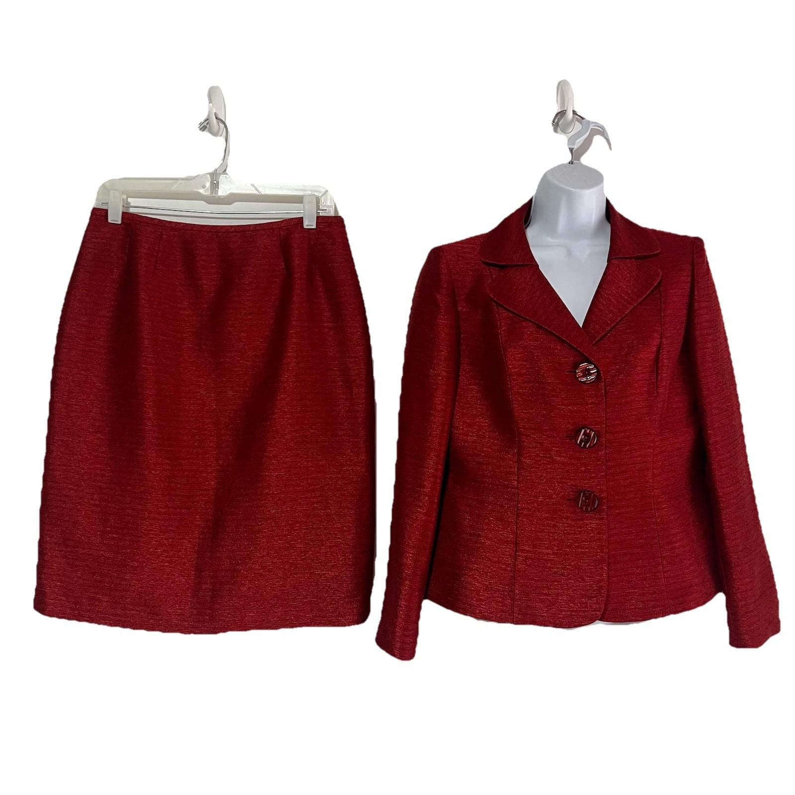 Kasper Polyester Rayon Skirt Suit 8P Red Shawl Collar Single Breasted Lined 2PC