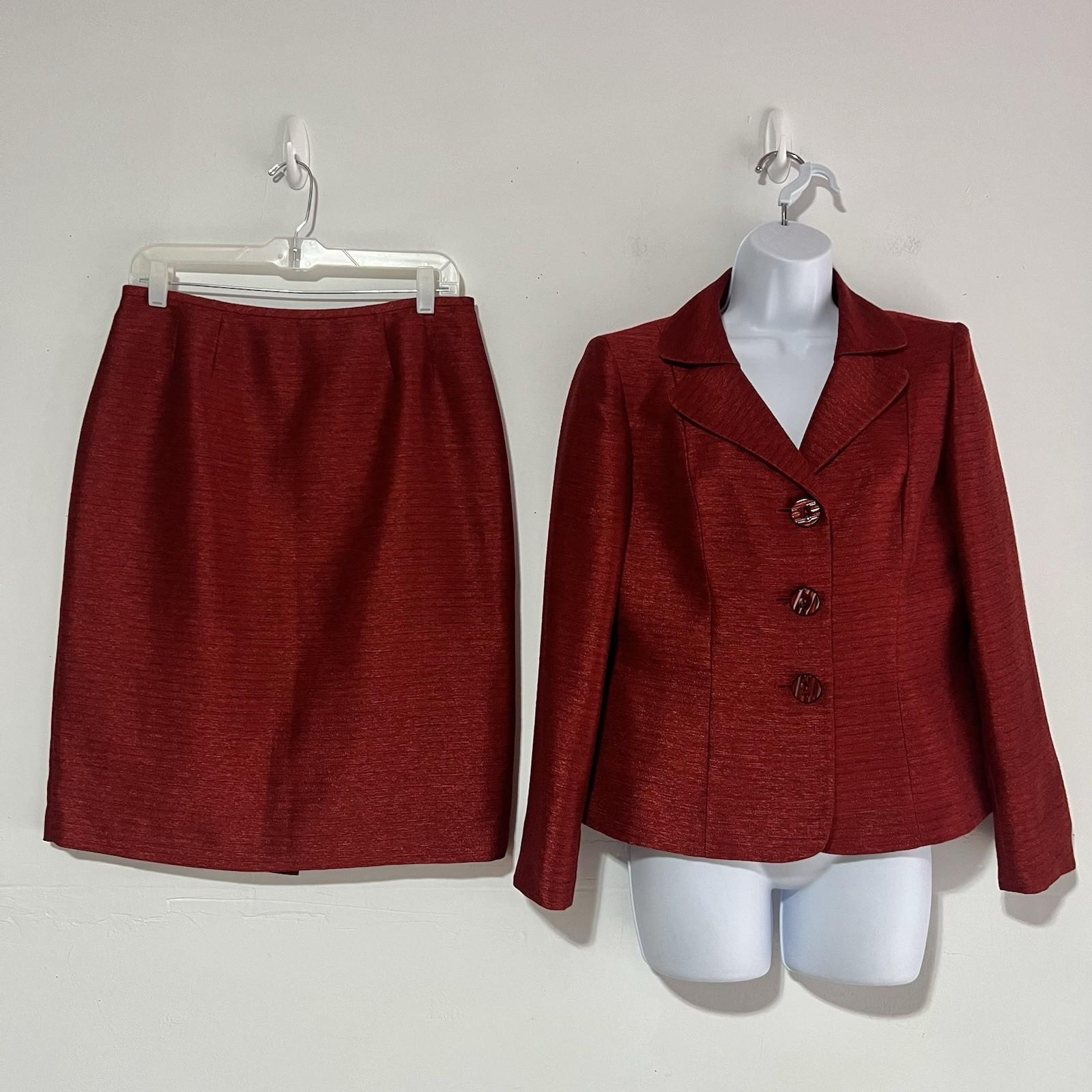 Kasper Polyester Rayon Skirt Suit 8P Red Shawl Collar Single Breasted Lined 2PC