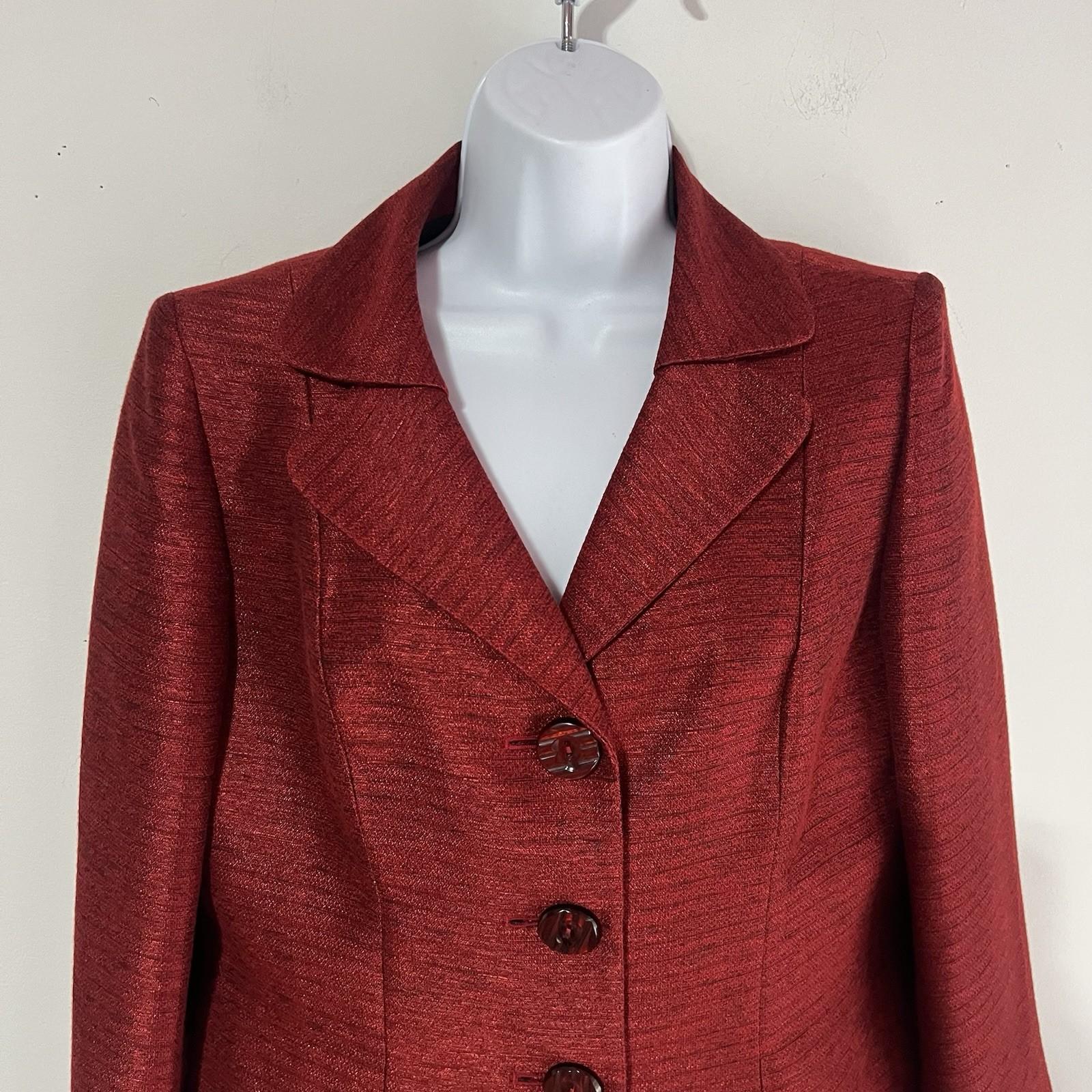 Kasper Polyester Rayon Skirt Suit 8P Red Shawl Collar Single Breasted Lined 2PC
