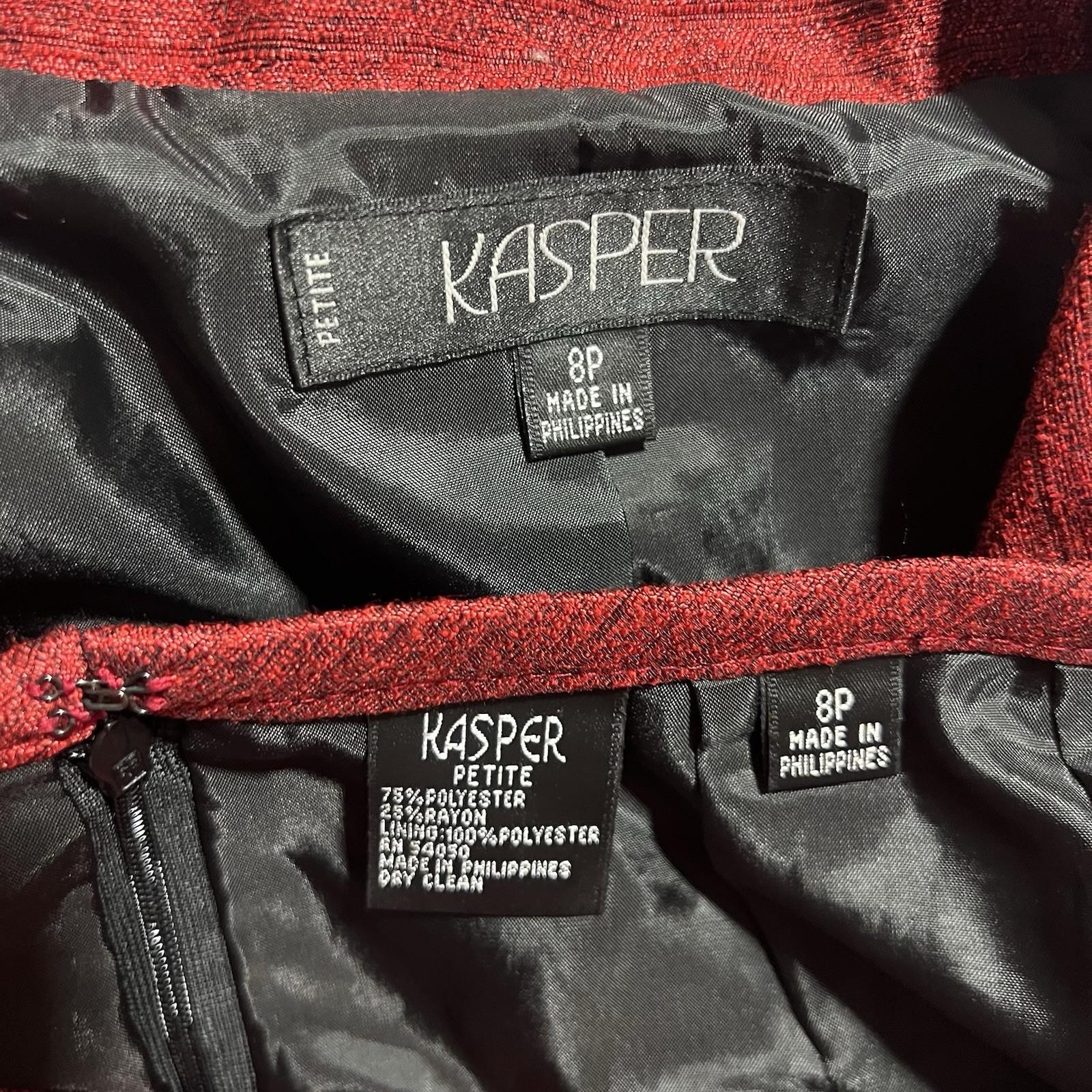 Kasper Polyester Rayon Skirt Suit 8P Red Shawl Collar Single Breasted Lined 2PC