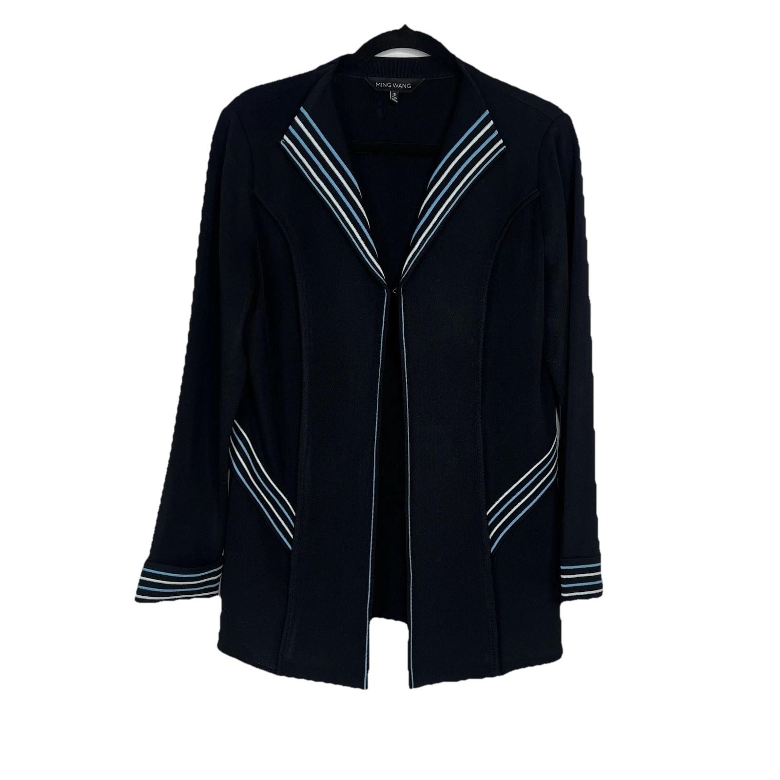 Ming Wang Women Cardigan Jacket Size S Blue Black Single breasted Long Sleeves