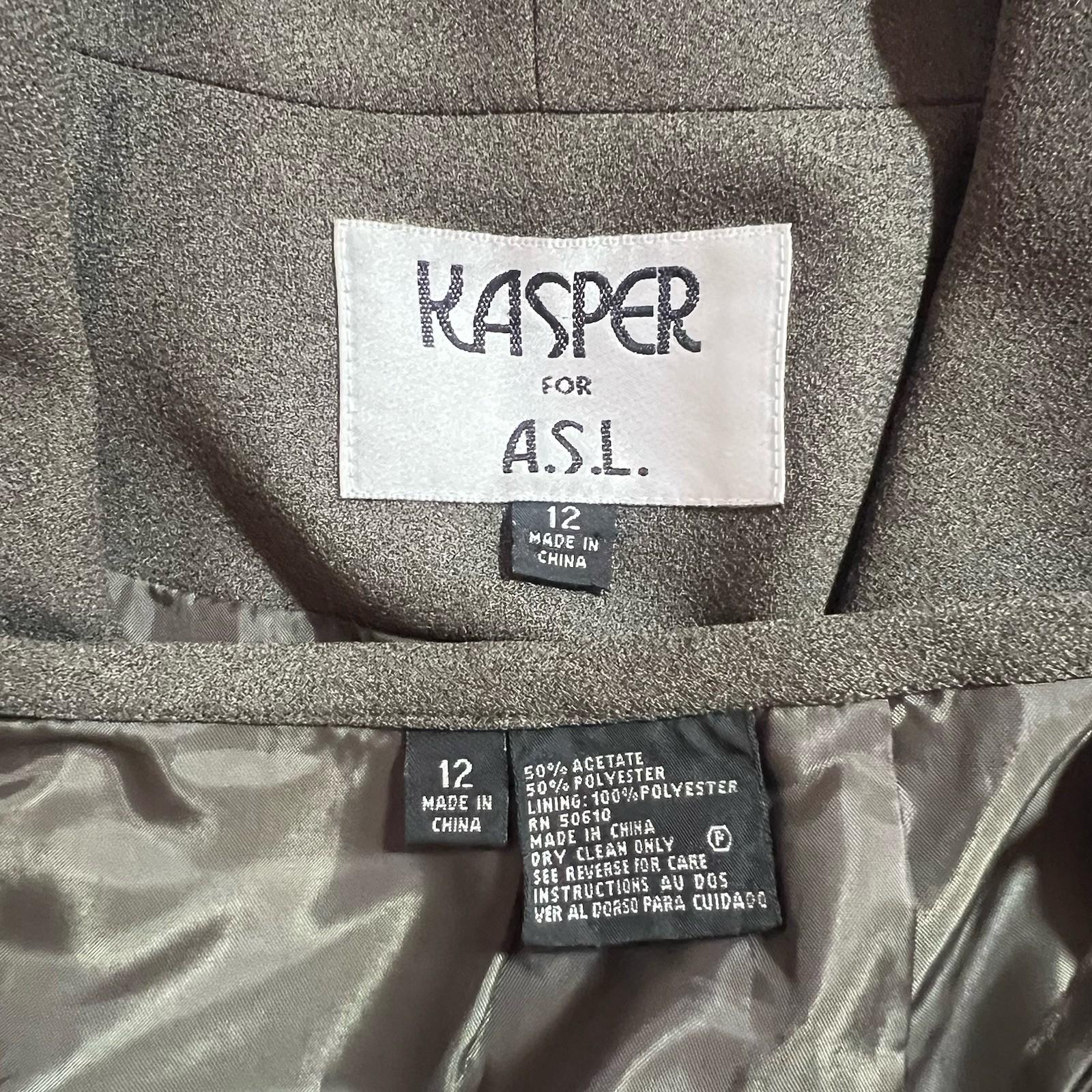 Kasper ASL Polyester Acetate Skirt Suit Size 12 Military Green Shawl Collar 2PC