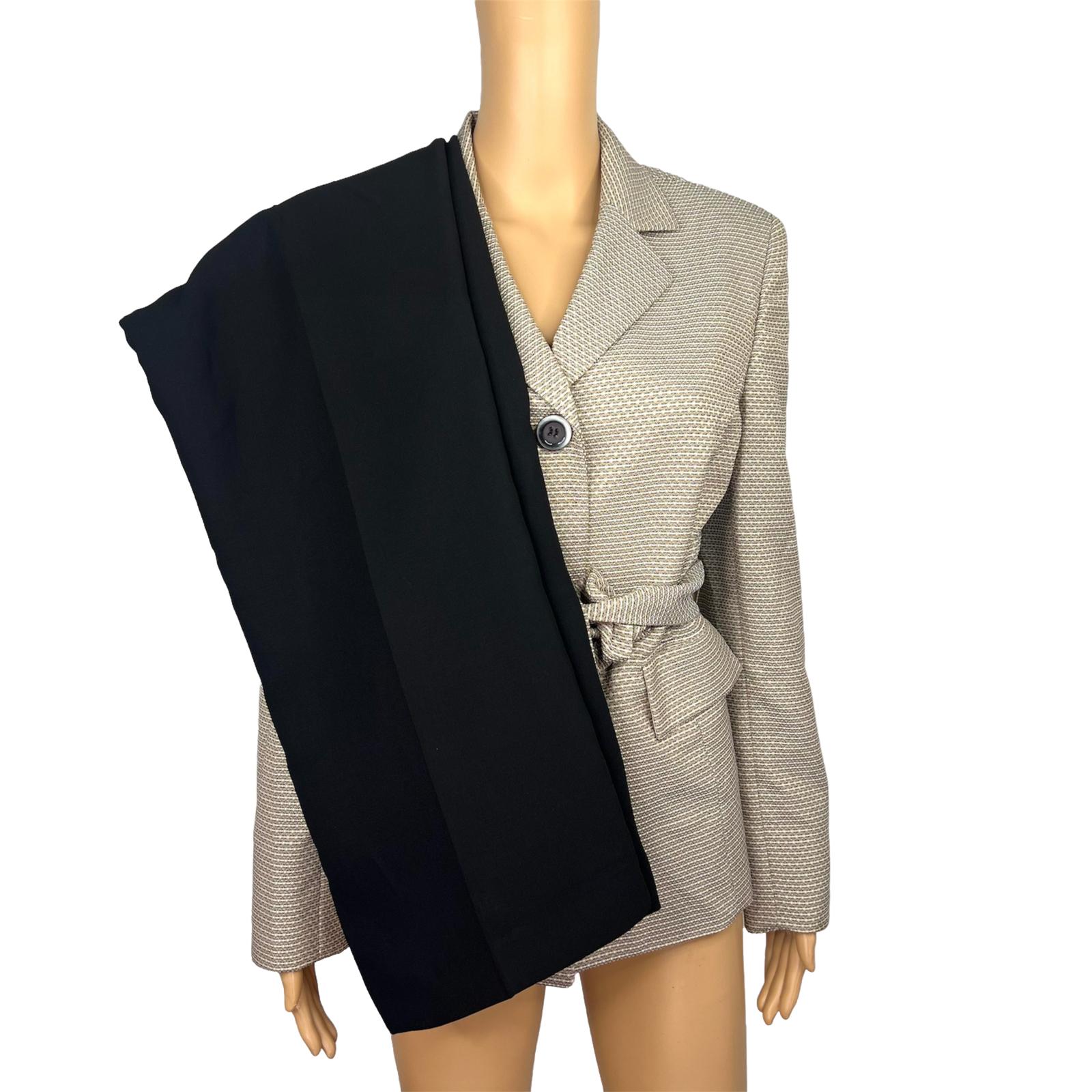 Evan Picone Polyester Pant Suit Size 10 Beige Black 2PC Belted Notch Collar