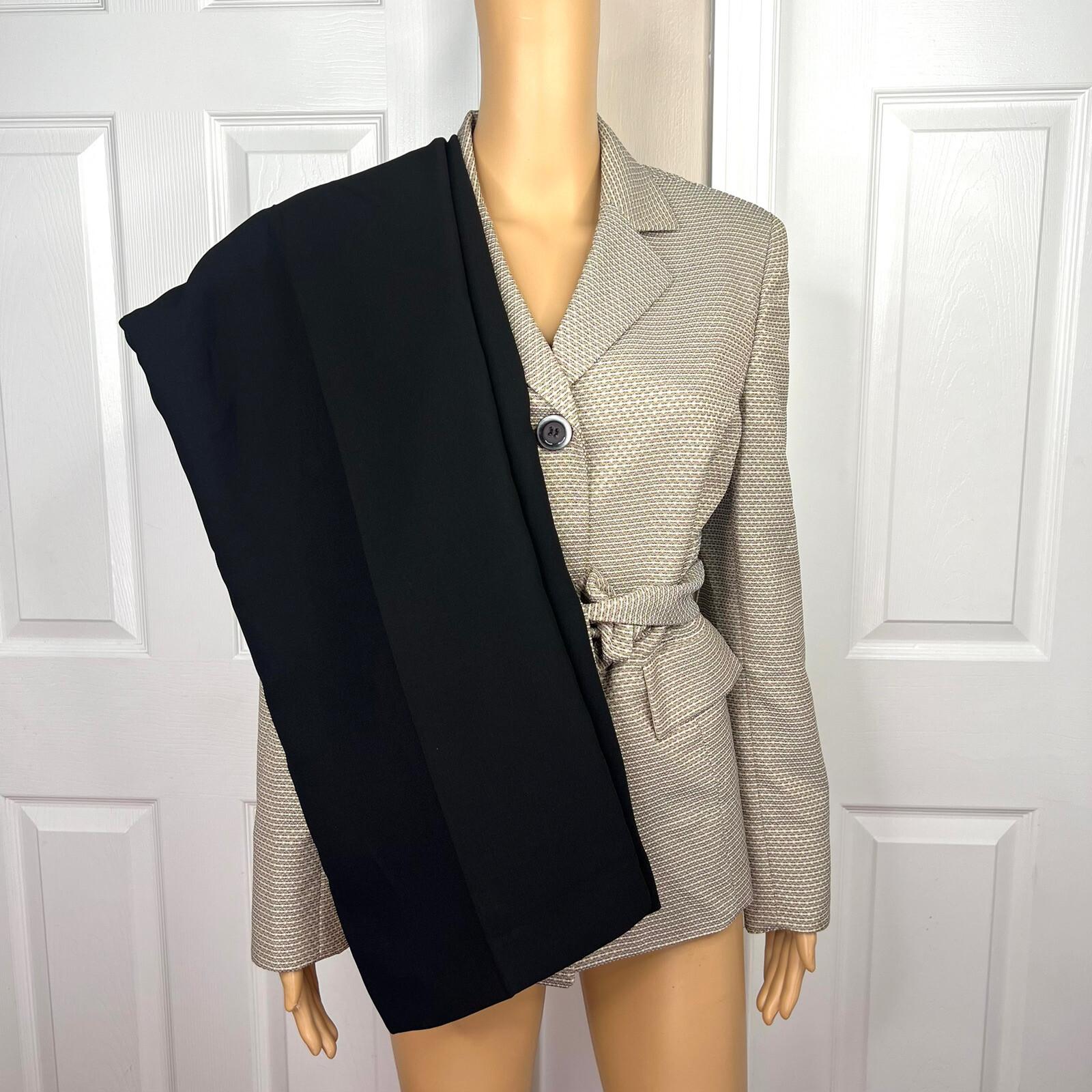 Evan Picone Polyester Pant Suit Size 10 Beige Black 2PC Belted Notch Collar
