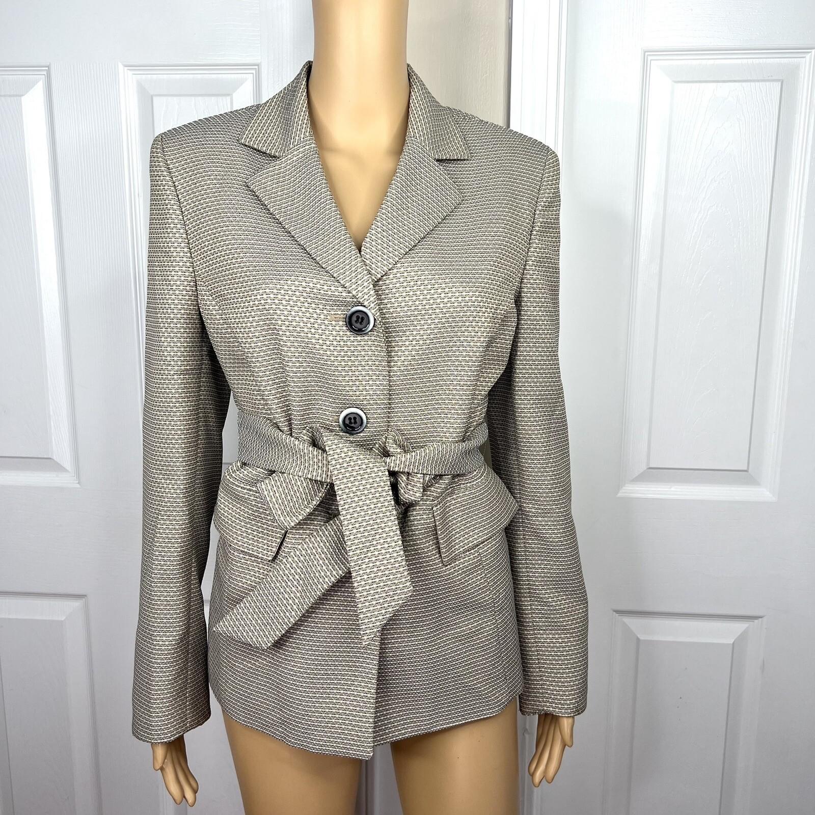 Evan Picone Polyester Pant Suit Size 10 Beige Black 2PC Belted Notch Collar