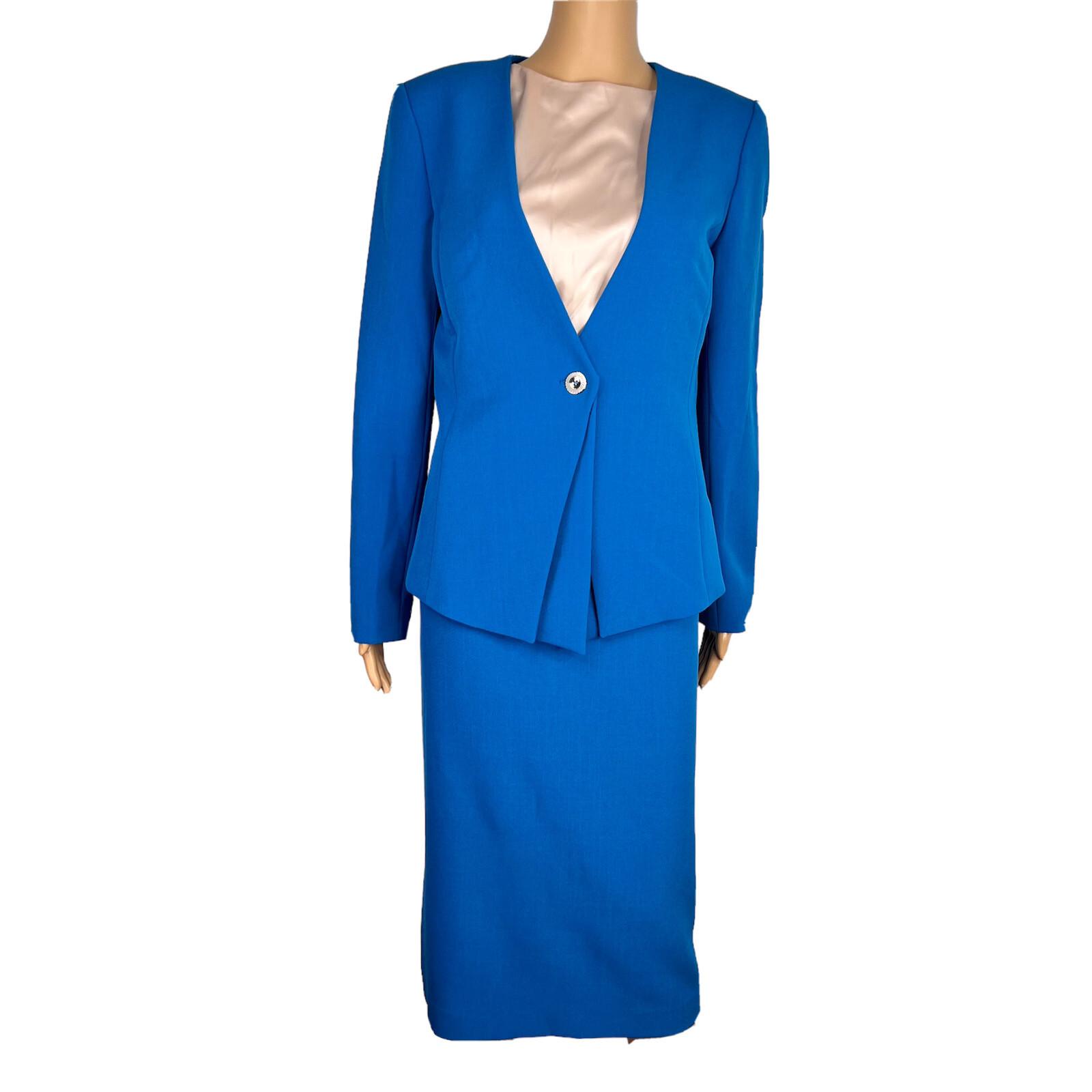 Preston & York Polyester Spandex Skirt Suit Size 6 Top Size S Blue V Neck 2 PC