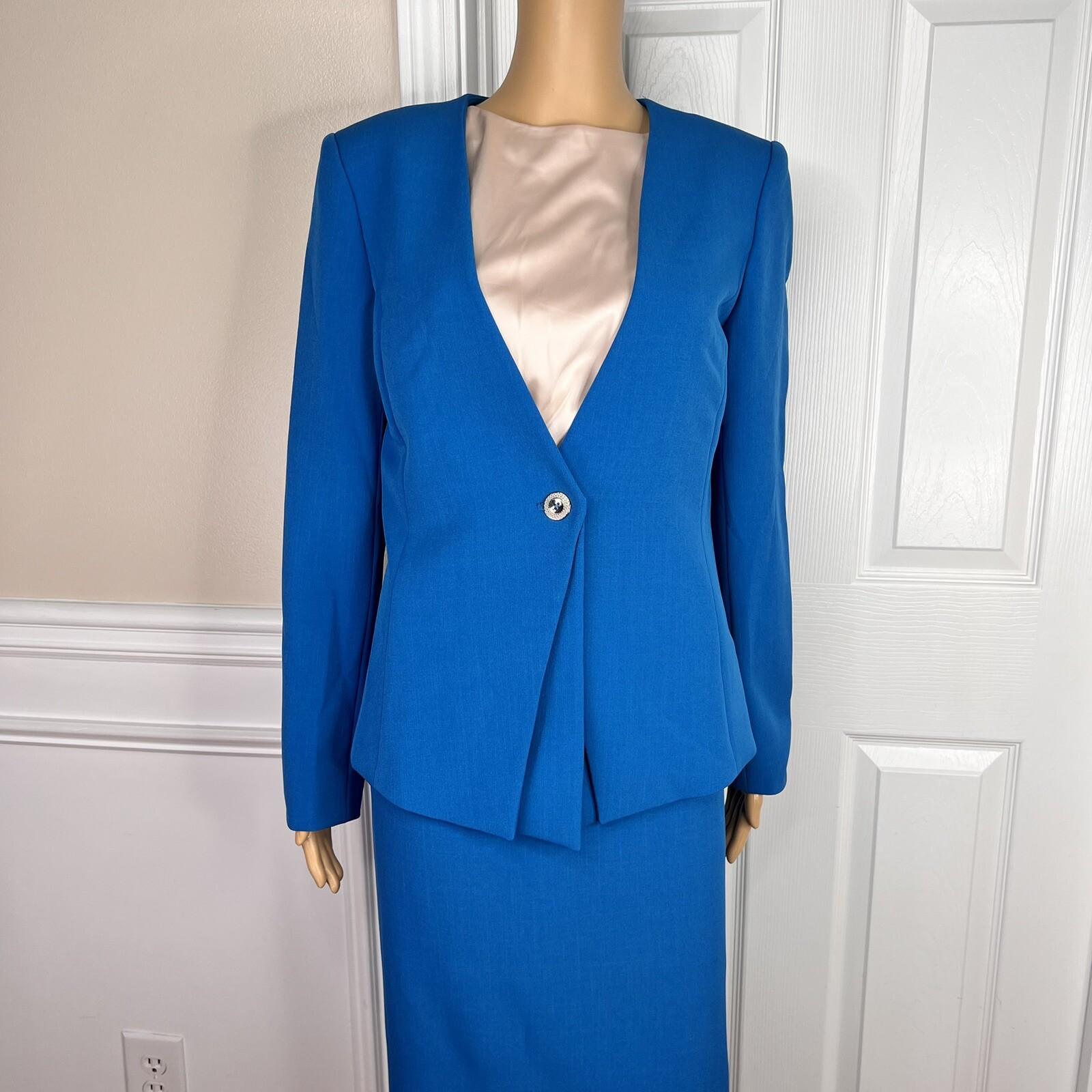Preston & York Polyester Spandex Skirt Suit Size 6 Top Size S Blue V Neck 2 PC