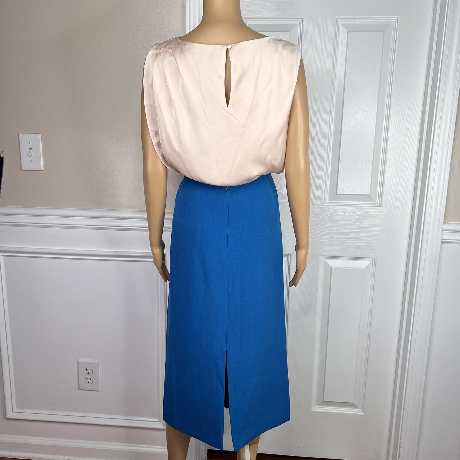 Preston & York Polyester Spandex Skirt Suit Size 6 Top Size S Blue V Neck 2 PC